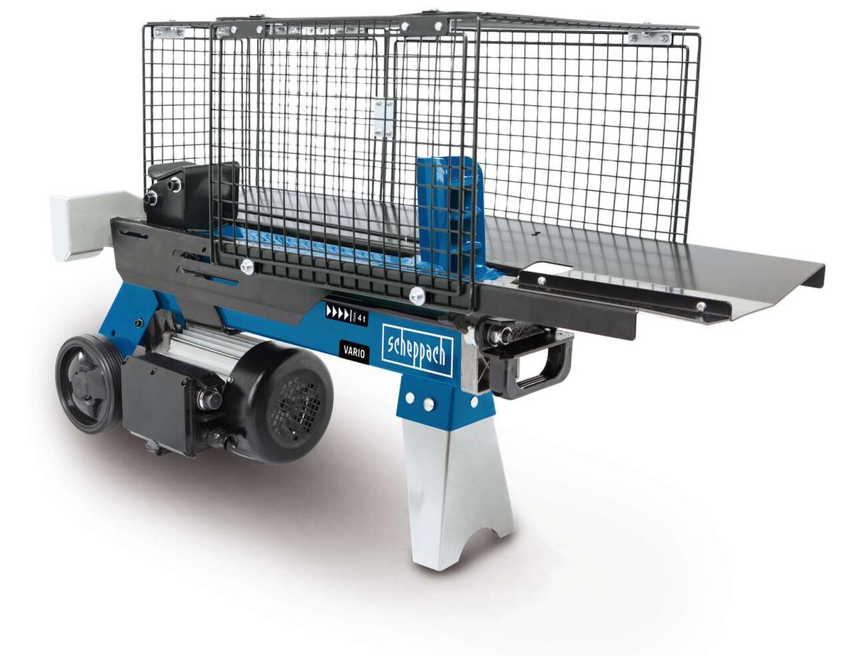 Holzspalter HL460 von Scheppach, seitliche Ansicht. Der Holzspalter ist auf einem hellen Untergrund platziert.