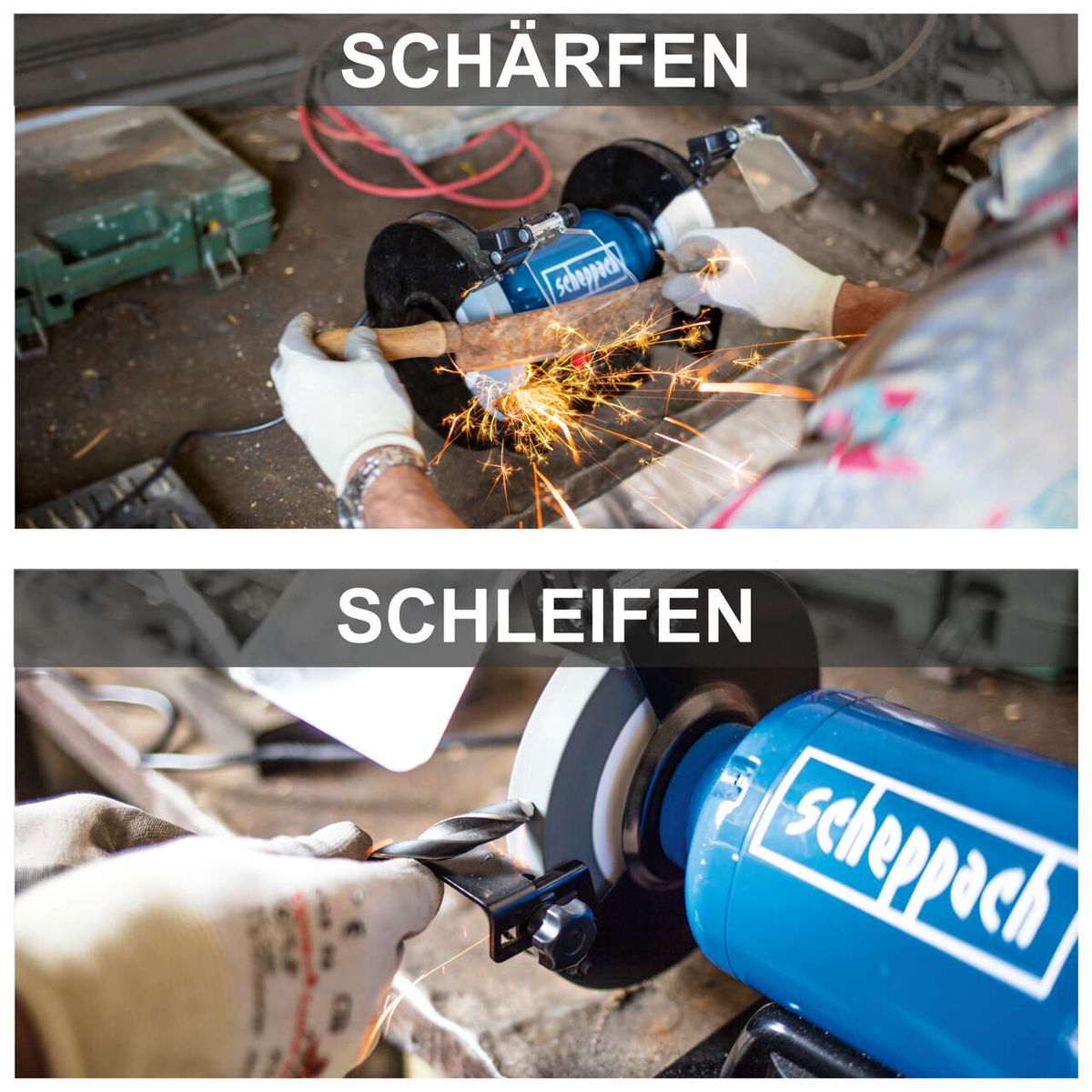 Scheppach-Doppelschleifer mit LED-Beleuchtung, Schärfen und Schleifen demonstriert durch Werkzeuge und Sprühnebel