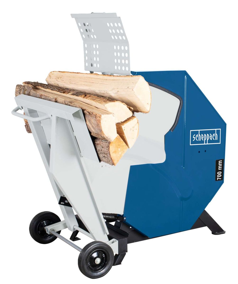 Scheppach-Wippsäge mit Holzstapelaufnahme für 700-mm-Sägeblatt, Rollenunterbau