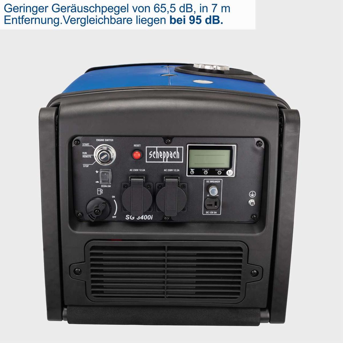 Inverter-Generator SG3400i mit 3400-Watt-Leistung und 7,4-Liter-Tank, Geräuschpegel von 65,5 dB bei 7 Metern Entfernung