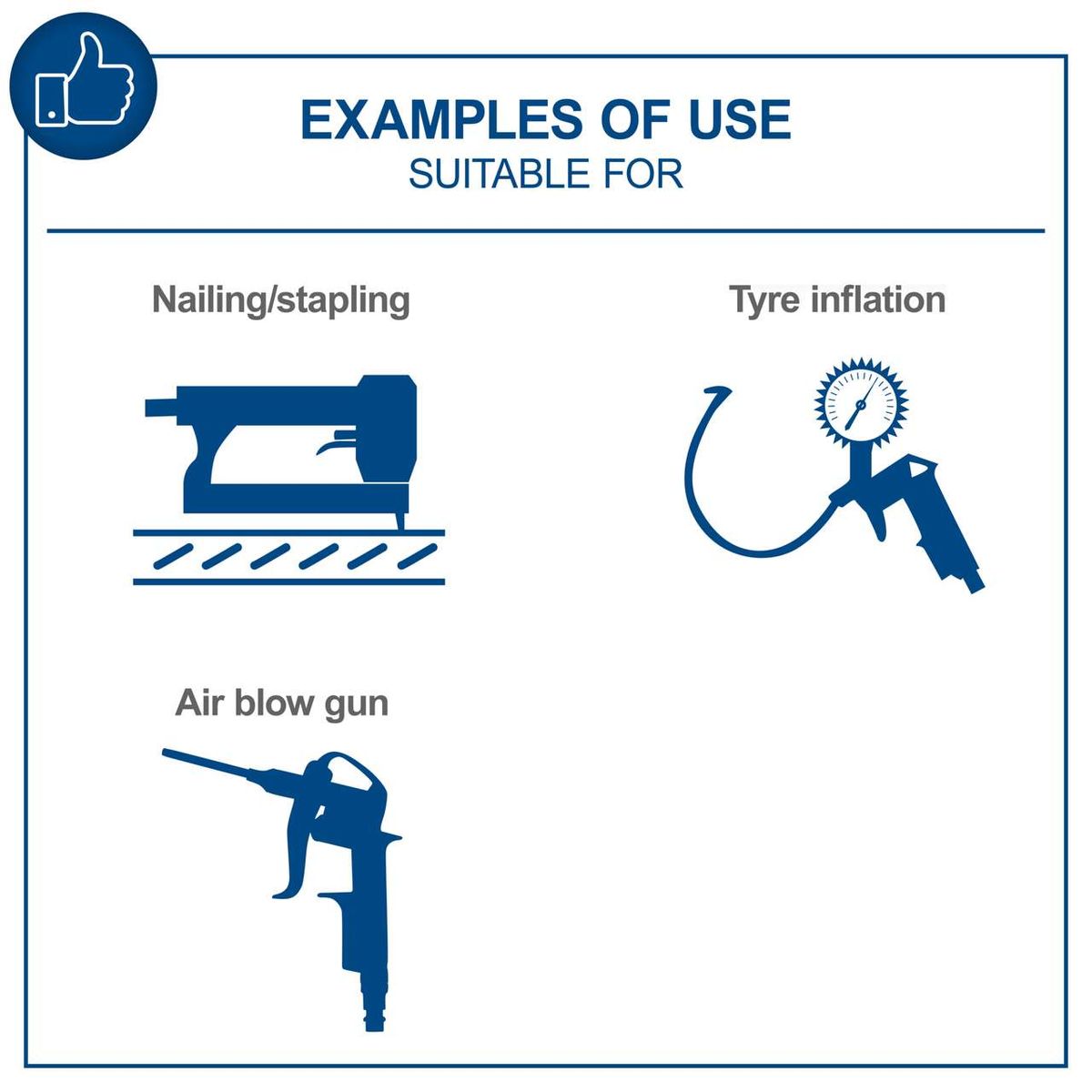 The image shows examples of use for the Scheppach HC30ox Air Compressor. Suitable for nailing/stapling, tyre inflation, and an air blow gun. The compressor provides 8 Bar pressure, 200 litres per minute and is oil-free and low-maintenance.