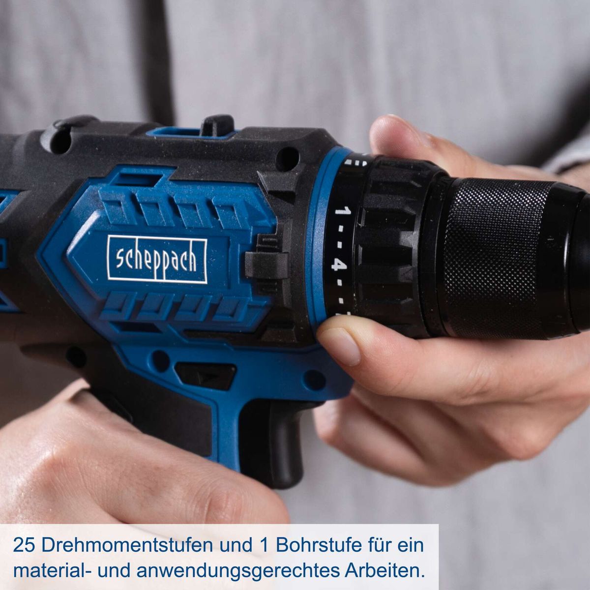 Scheppach Akku-Bohrschrauber mit 25 Drehmomentstufen und 1 Bohrstufe für präzises Arbeiten