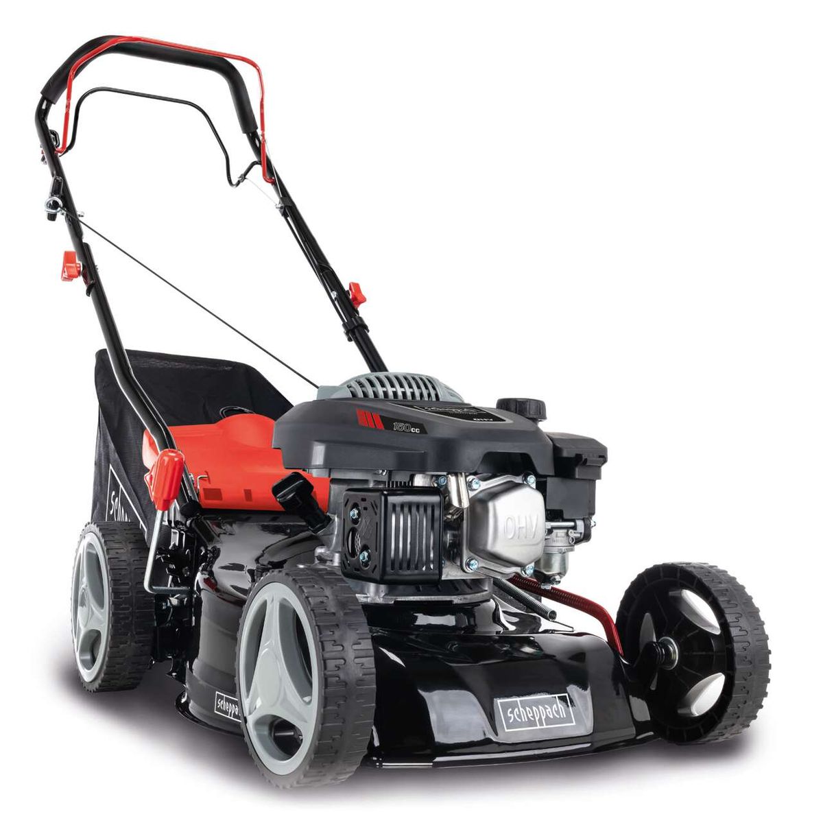 Der Scheppach Rasenmäher MS150-42 mit 150ccm Motor, 42cm Schnittbreite, Antrieb und 45L Fangbox. Der Rasenmäher ist von der Seite gezeigt.