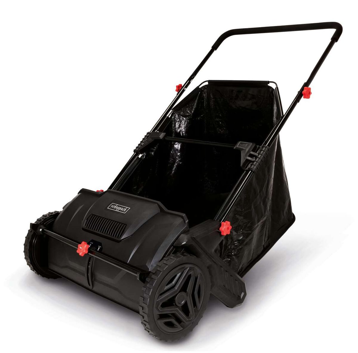 Laub- und Rasensammler LSP-360 von Scheppach. Gezeigt von der Seite mit schwarzem Sammelbeutel und roten Griffen.