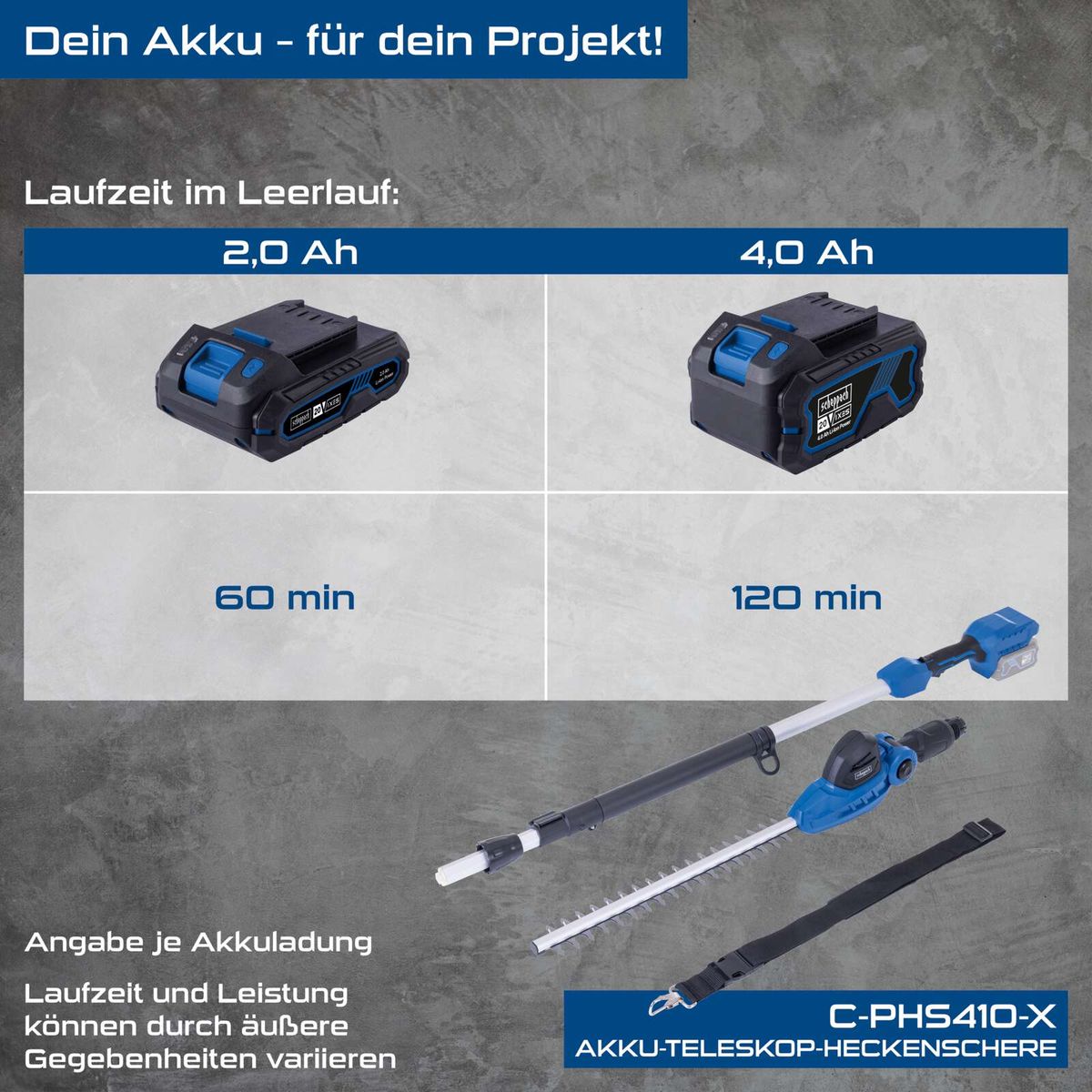 Akku-Teleskop-Heckenschere mit Laufzeitvergleichen für 2,0 Ah und 4,0 Ah-Batterien, Laufzeitangaben für 60 und 120 Minuten