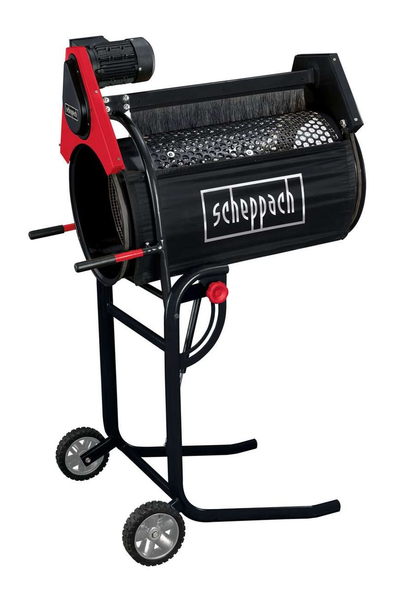 Rollsieb RS350 von Scheppach, seitliche Ansicht. Das Gerät hat einen schwarzen Zylinder mit perforierter Oberfläche und einem rotierenden Bürstenbesatz. Es steht auf einem schwarzen Gestell mit Rädern und einem roten Griff.