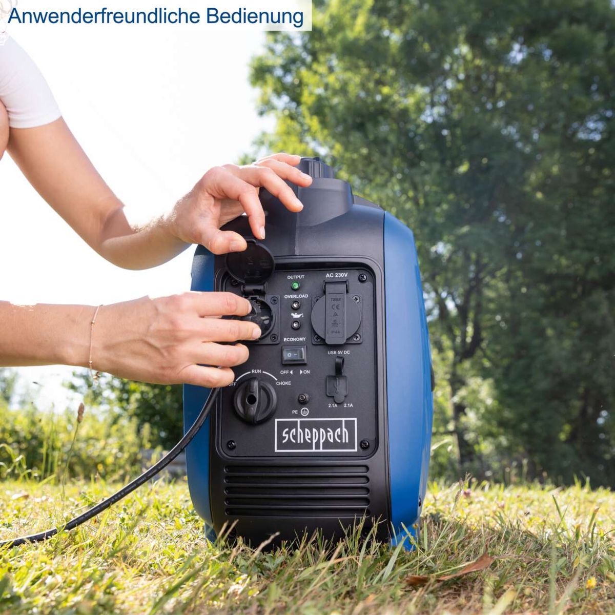 Der Scheppach Inverter Stromerzeuger SG2500i bietet benutzerfreundliche Bedienung mit 2x 230V Steckdosen und 2x USB Typ A Anschlüssen für schnelles Laden. Ausgestattet mit Überlastschutz und Economymodus für effizienten Betrieb.
