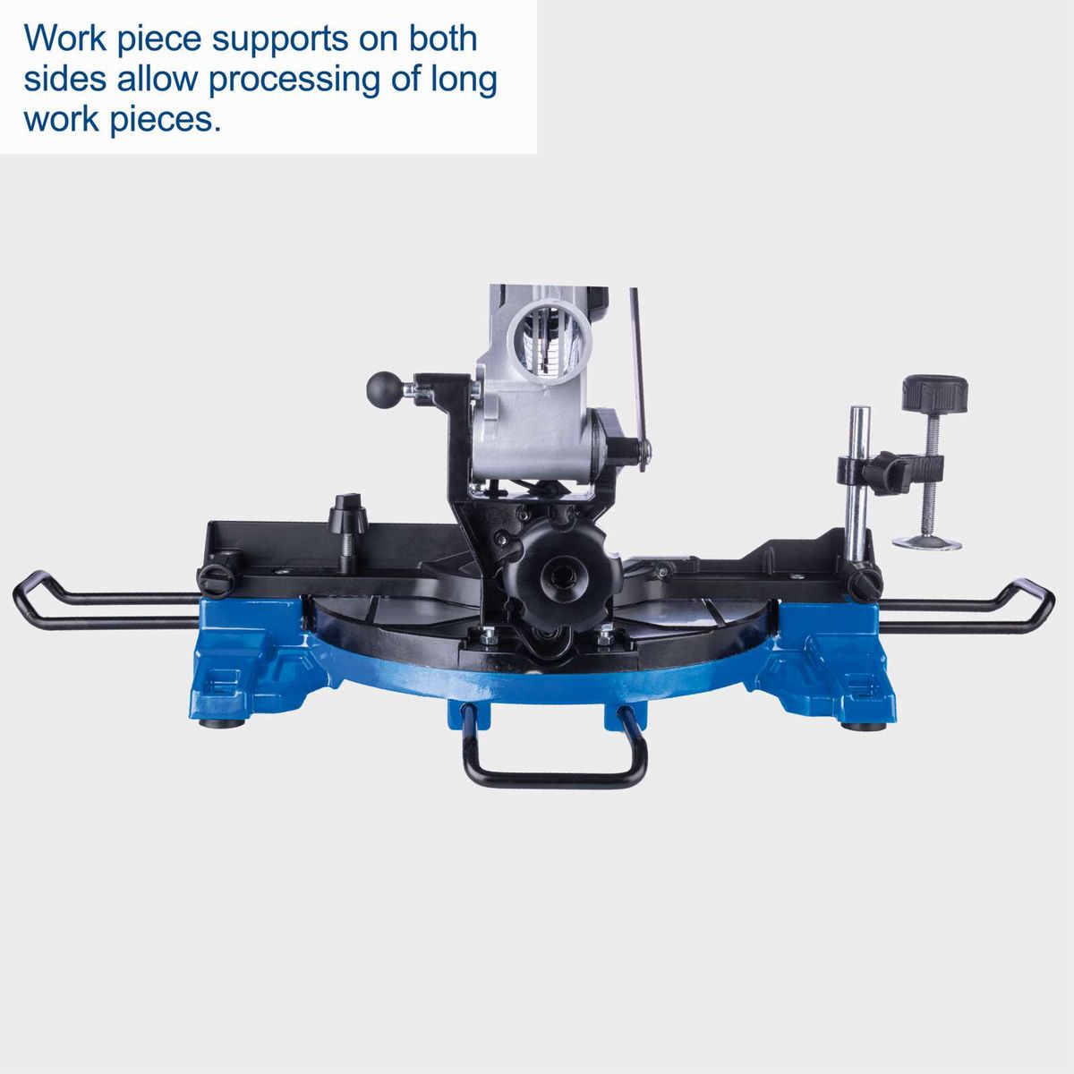 The cross-cut mitre saw HM210L by Scheppach features workpiece supports on both sides, allowing for the processing of long workpieces.