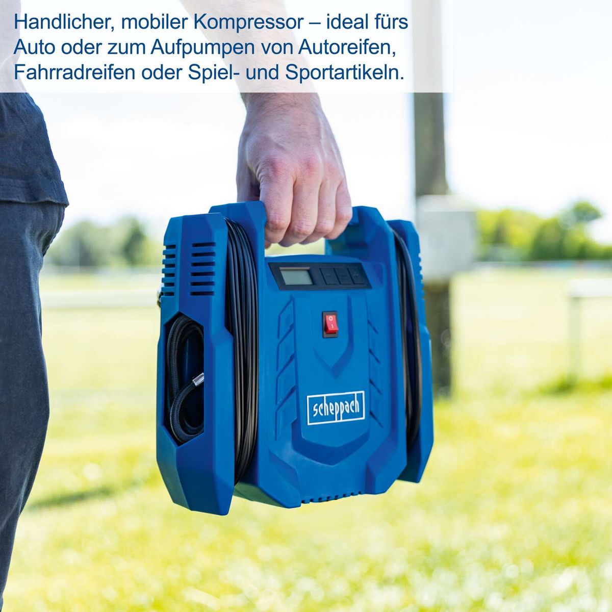 Handlicher mobiler Kompressor mit Display und Bedienelementen für präzises Aufpumpen