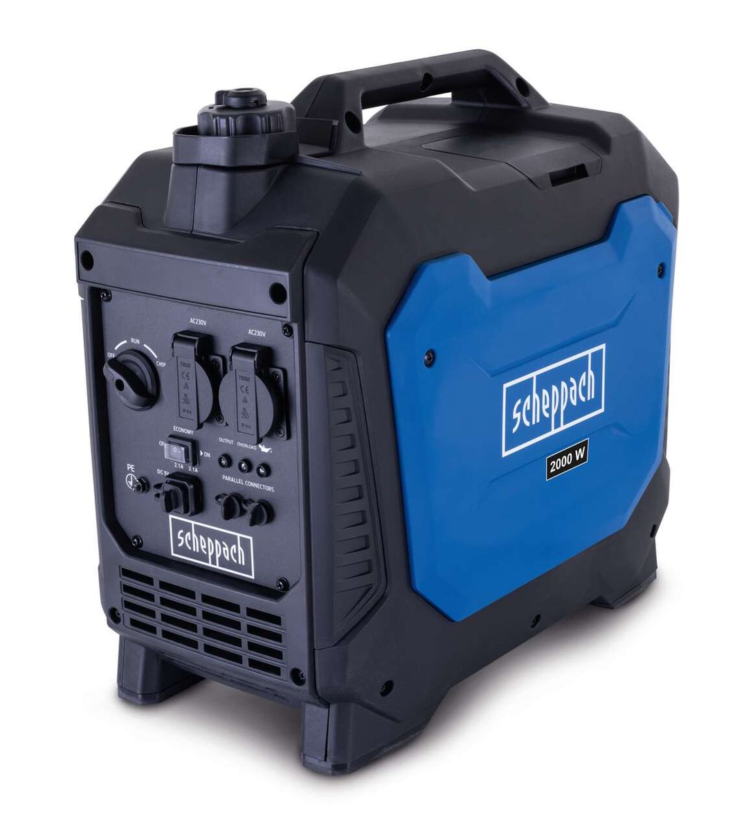 Inverter Stromerzeuger SG2600i von Scheppach, seitliche Ansicht mit Bedienfeld und Griff. 2000 Watt Leistung. Ideal für den DIY-Bereich.
