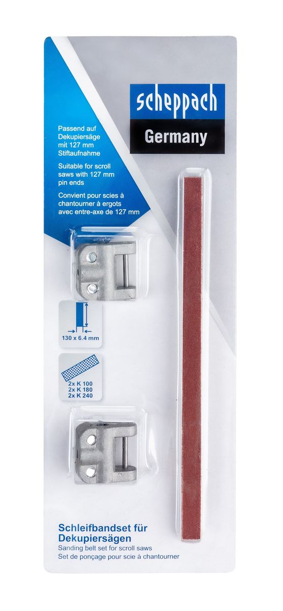 Scheppach Schleifbandset für Dekupiersägen. Enthält zwei Schleifbänder mit Körnung 100, 180 und 240. Geeignet für Sägen mit 127 mm Stiftaufnahme. Gezeigt von der Seite.