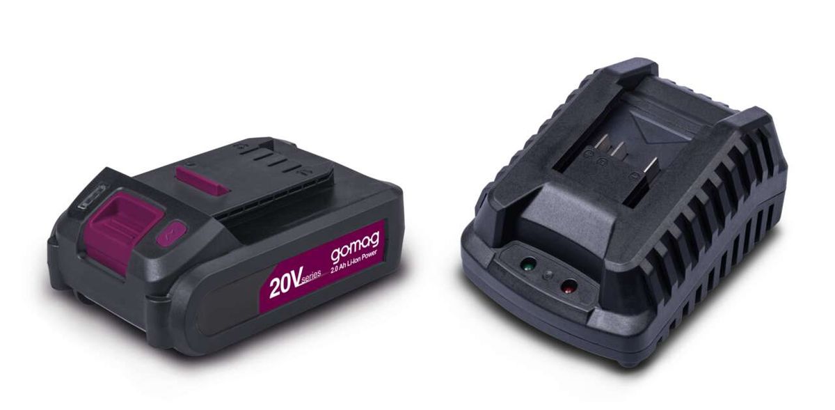 Gomag Akku Starterkit 20V GO-SK2.0 Ersatzakku 2Ah und Ladegerät. Ersatzakku von vorne und Ladegerät von oben.