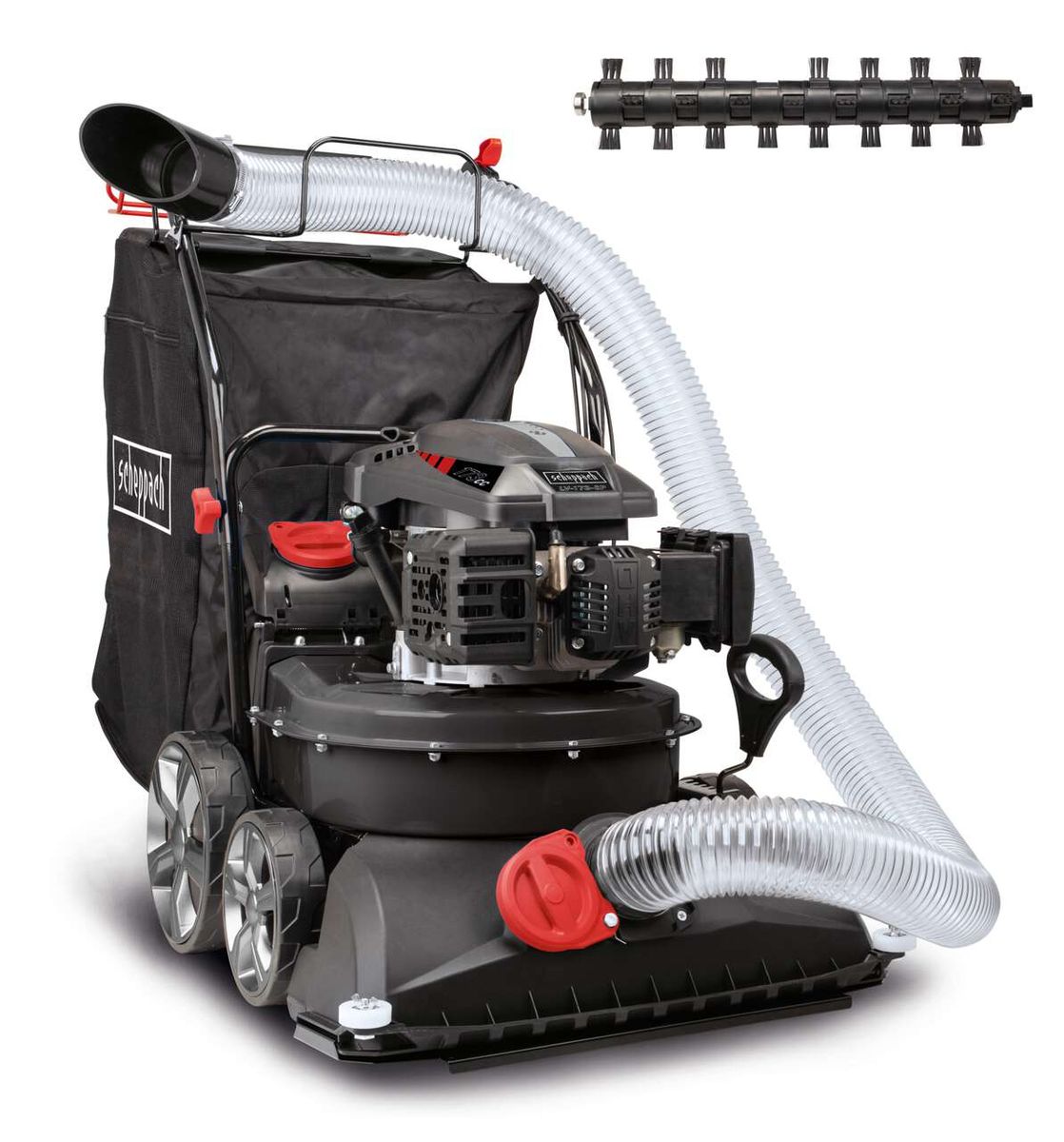 Scheppach Benzin Laubsauger und -bläser LV-173-SP mit Radantrieb, Kehrbürste und Schlauch. Der Laubsauger ist von der Seite zu sehen.