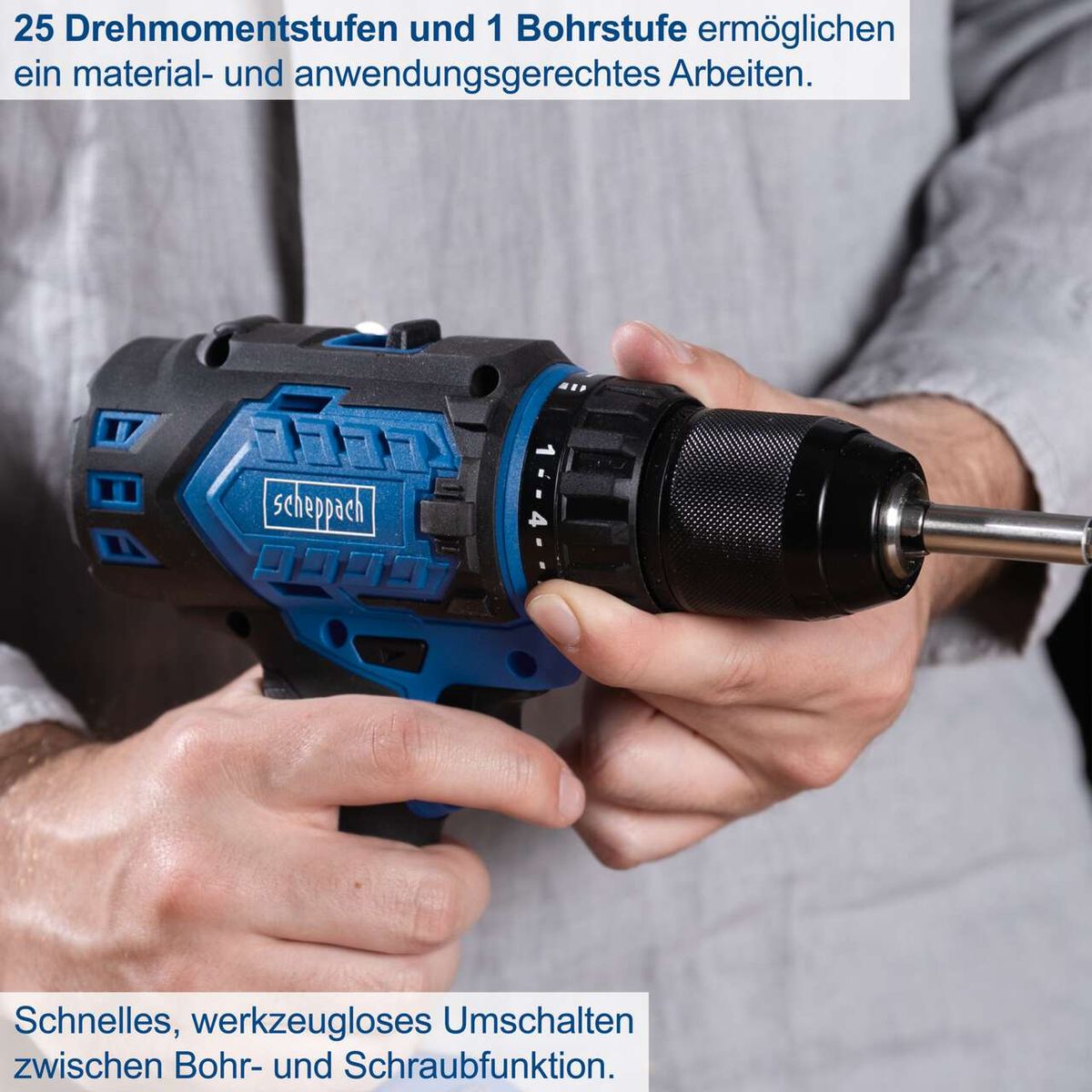 Der Scheppach Akku-Bohrschrauber BC-DD60-X bietet 25 Drehmomentstufen und 1 Bohrstufe für präzises Arbeiten. Schnell und werkzeuglos umschaltbar zwischen Bohr- und Schraubfunktion.
