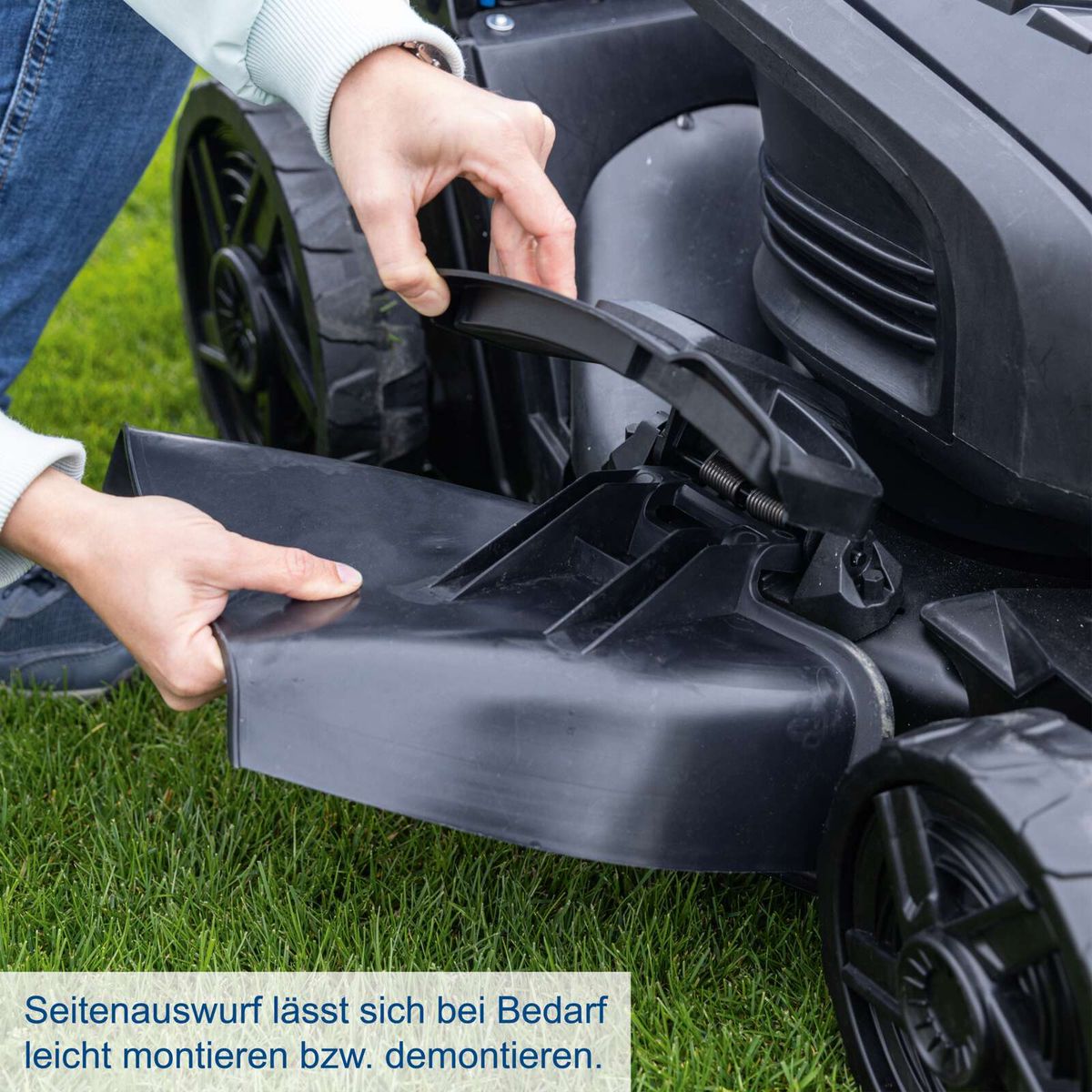 Seitenauswurfmodul leicht montierbar und demontierbar für Akku-Rasenmäher