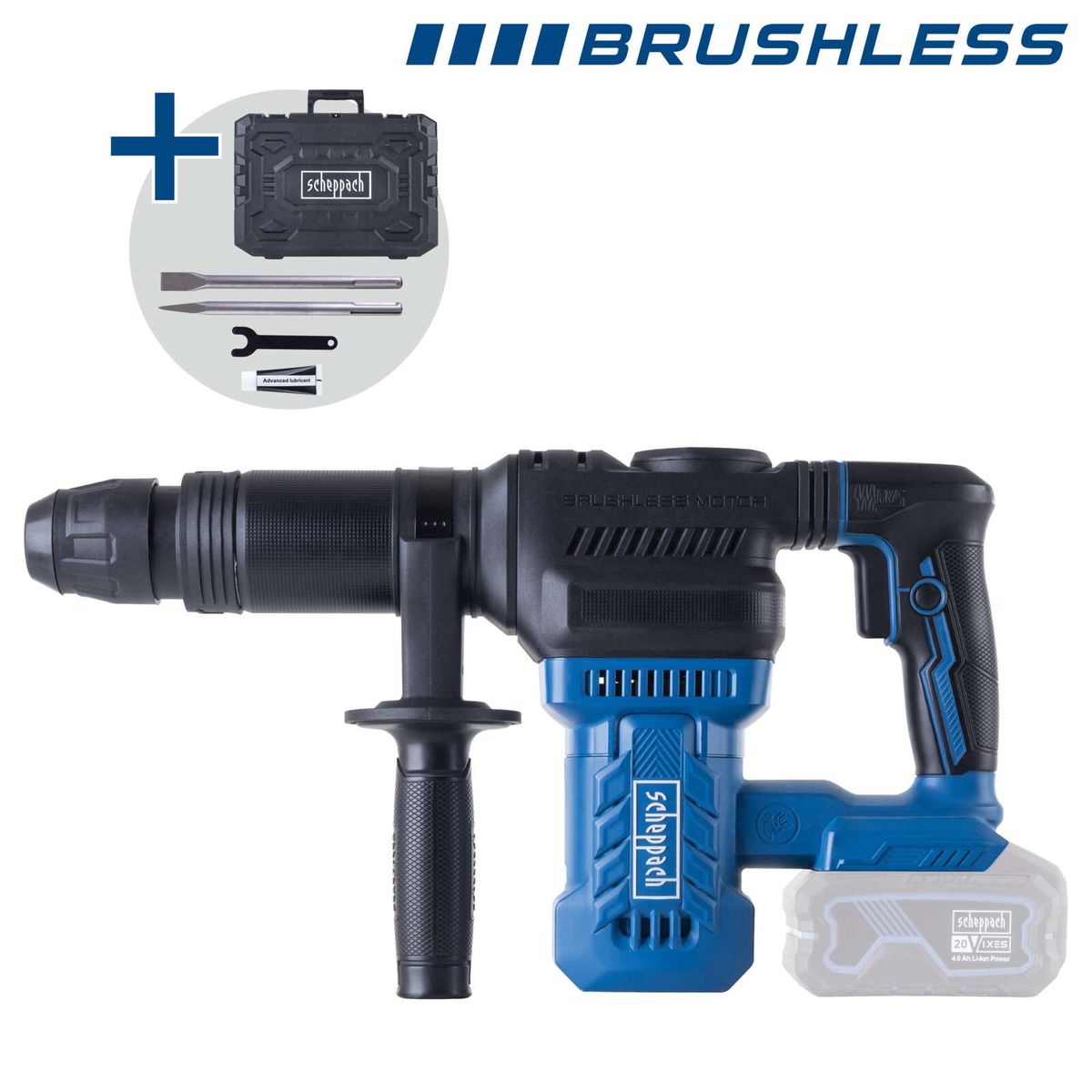 Scheppach Akku-Abruchhammer mit Brushless-Motor, inkl. Werkzeugkasten und Zusatzwerkzeugen