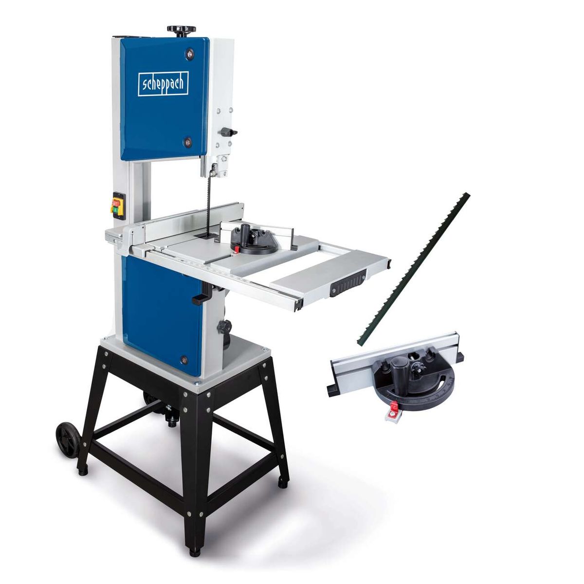 Scheppach-Bandsäge HBS400 mit schwenkbarer Arbeitsplatte und Mittenklemme, inklusive zwei Sägebändern