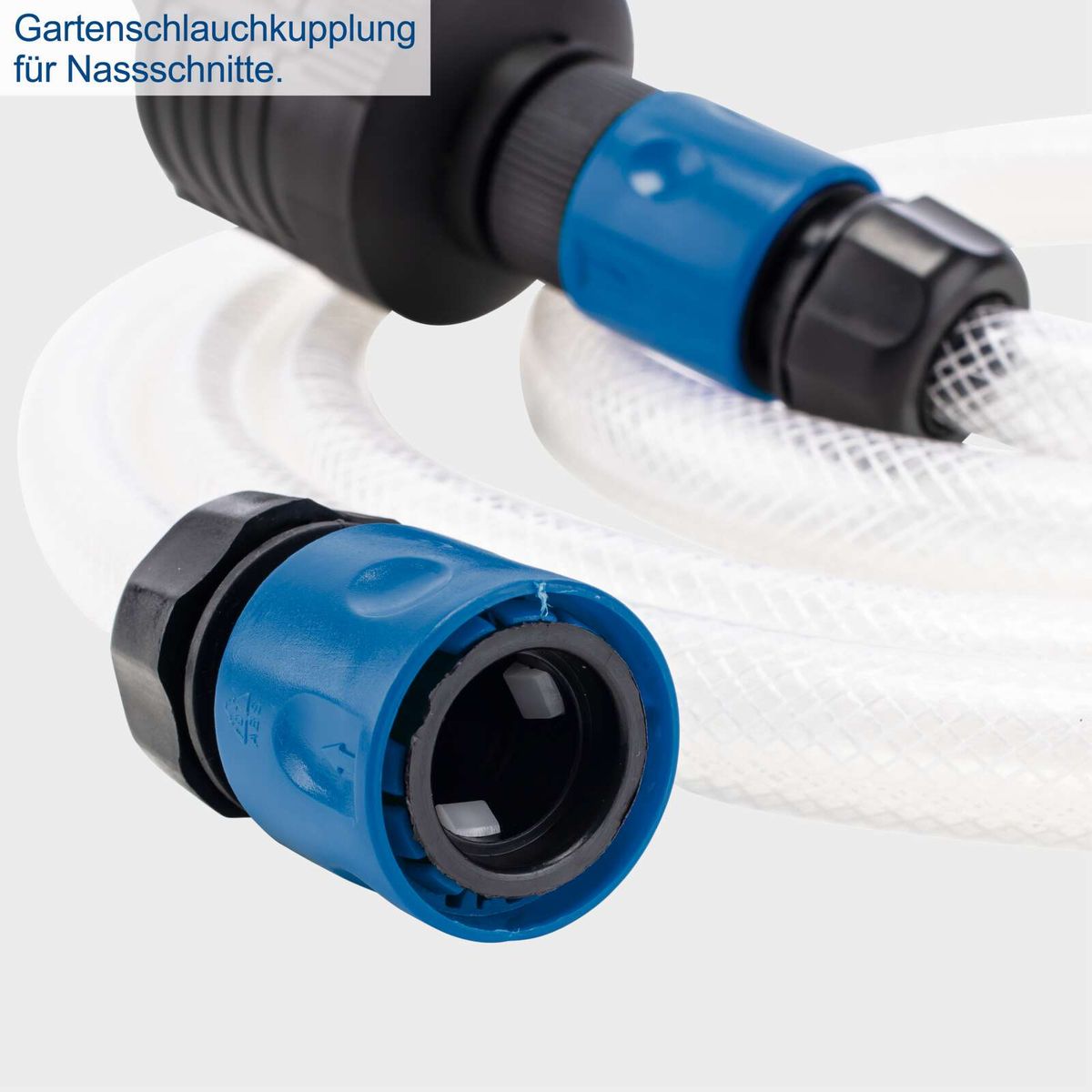Gartenschlauchkupplung für Nassschnitte. Geeignet für den Anschluss an einen Gartenschlauch, ermöglicht präzise und saubere Schnitte unter Wasser.