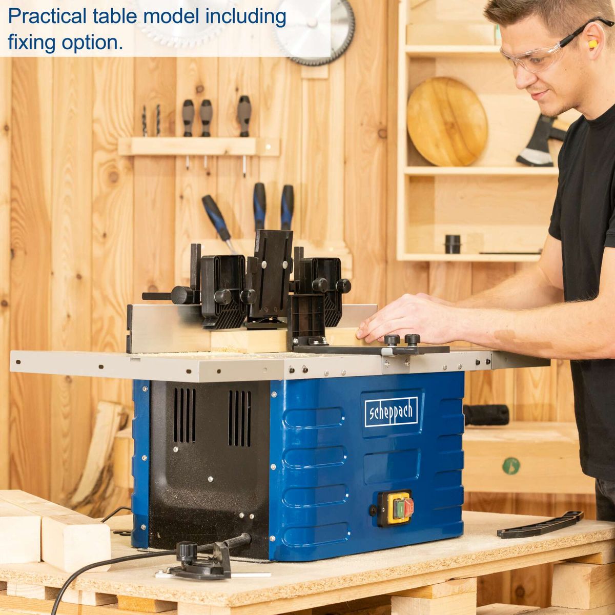 Practical table model with fixing option. The HF50 router table from Scheppach features a 40mm spindle height and collets in sizes 6, 8, and 12mm. It also includes a table extension.