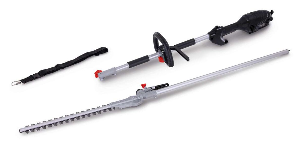 Elektro-Langstiel-Heckenschere ETHT1000 Scheppach, seitliche Ansicht. 410mm Schnittlänge, 230V, 10-stufig verstellbar.