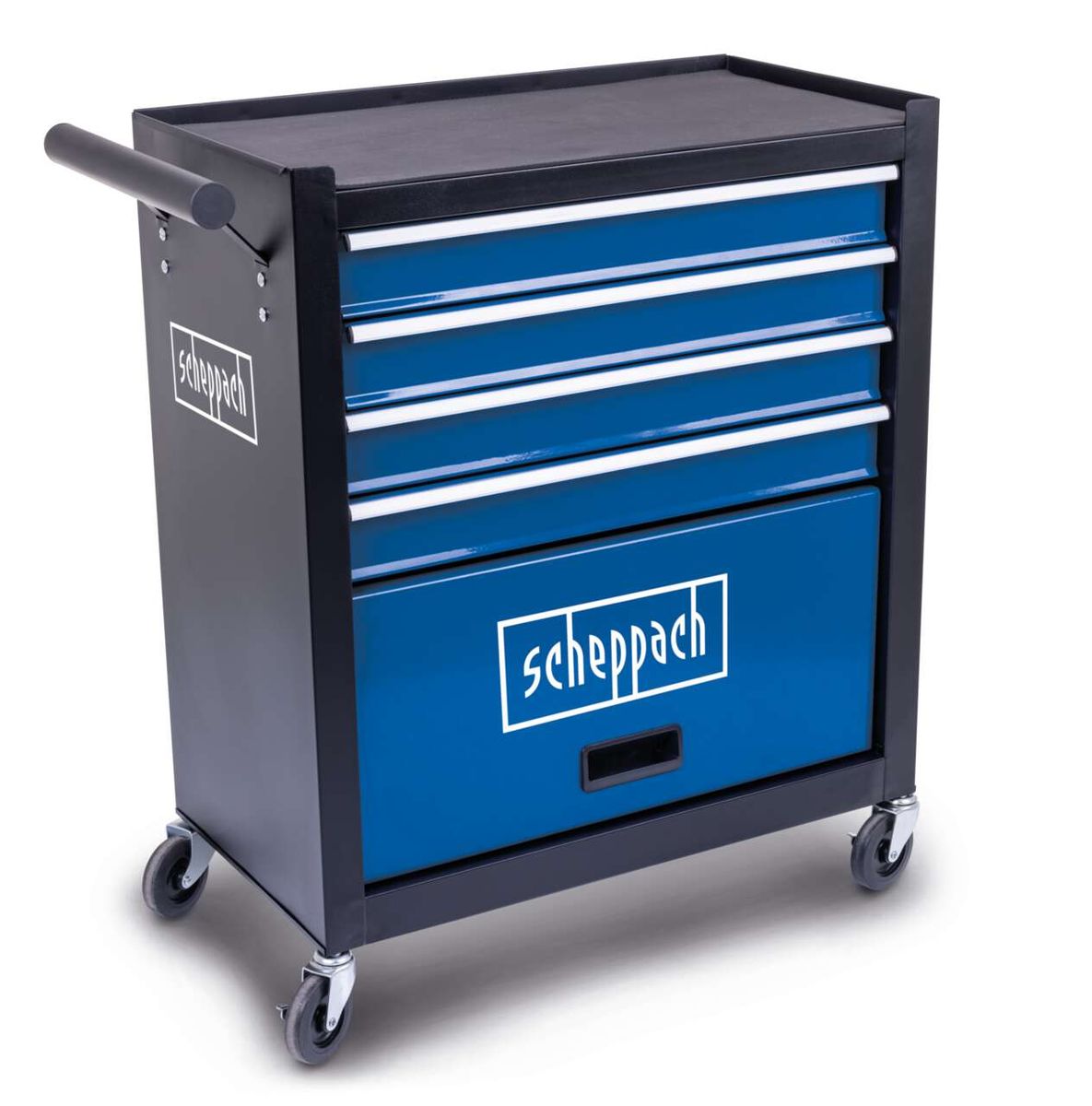 Werkstattwagen TW1300 Scheppach, 5-fach Stauraum, fahrbar, max. 120kg Belastung, von der Seite gezeigt.