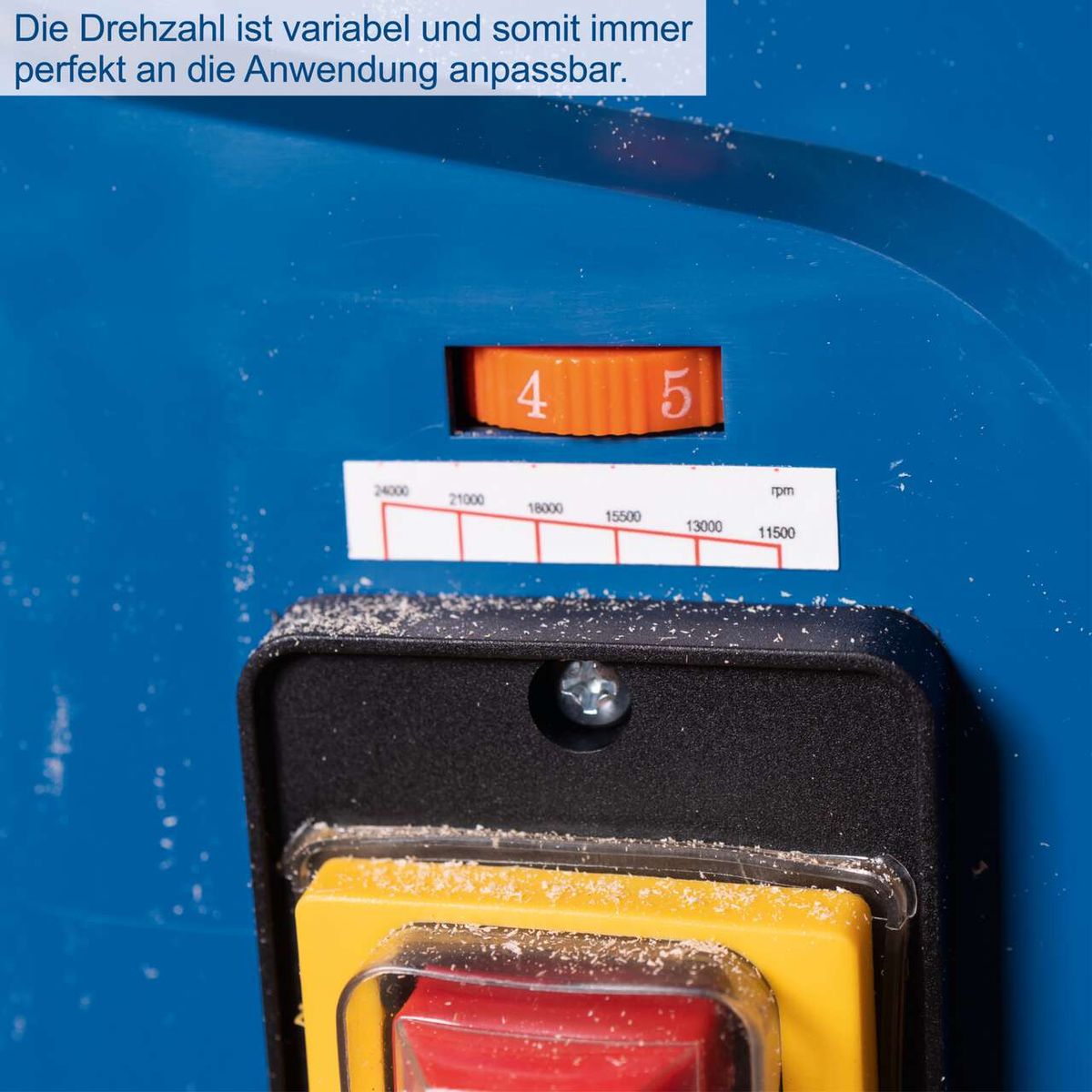 Die Drehzahl der Fräsmaschine HF50 ist variabel und kann perfekt an die Anwendung angepasst werden. Die Drehzahlbereiche sind 24000, 21000, 18000, 15500, 13000 und 11500 U/min.