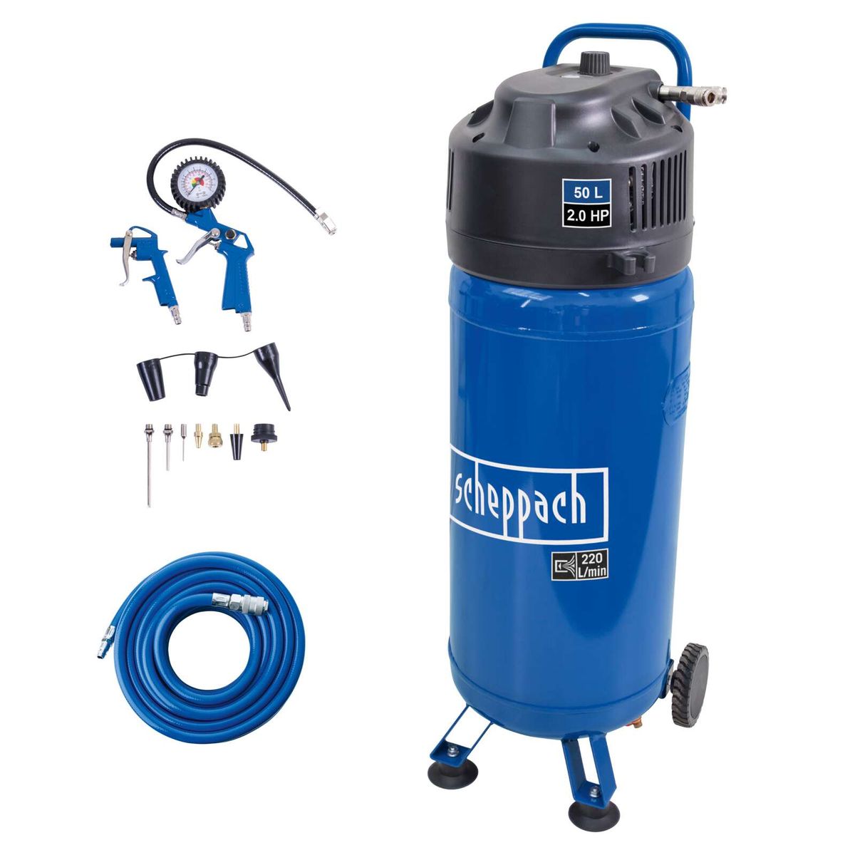 Stehendes Kompressorset mit 50-Liter-Kessel, 10 bar, inkl. Zubehörset und Schlauch für Scheppach HC51V