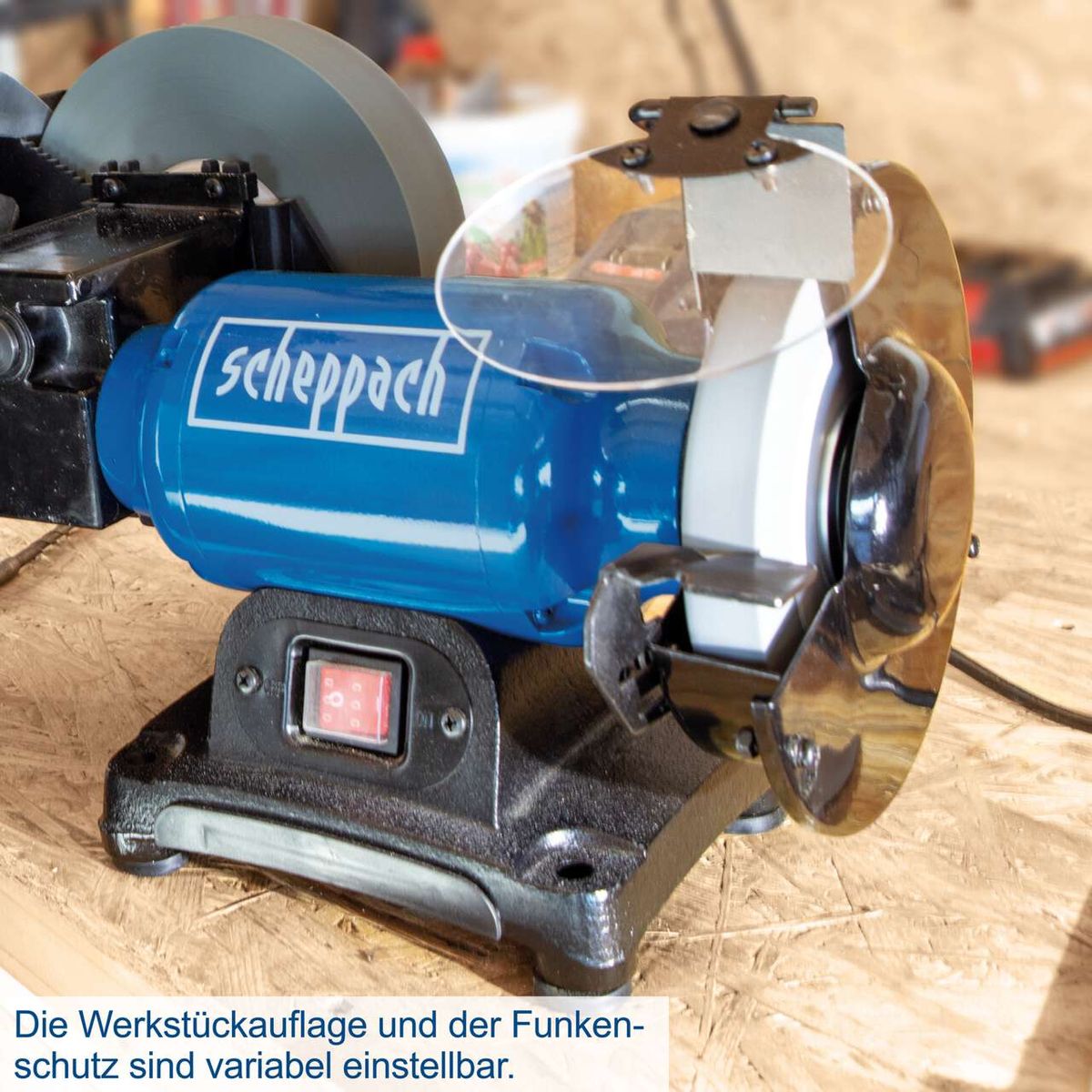 Der Nass- und Trockenschleifer BG200W von Scheppach bietet eine variable einstellbare Werkstückauflage und einen verstellbaren Funkenschutz für präzises Arbeiten.