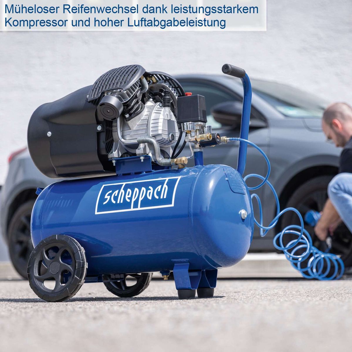Scheppach-Kompressor mit leistungsstarker Luftabgabe und effizientem Reifenwechsel