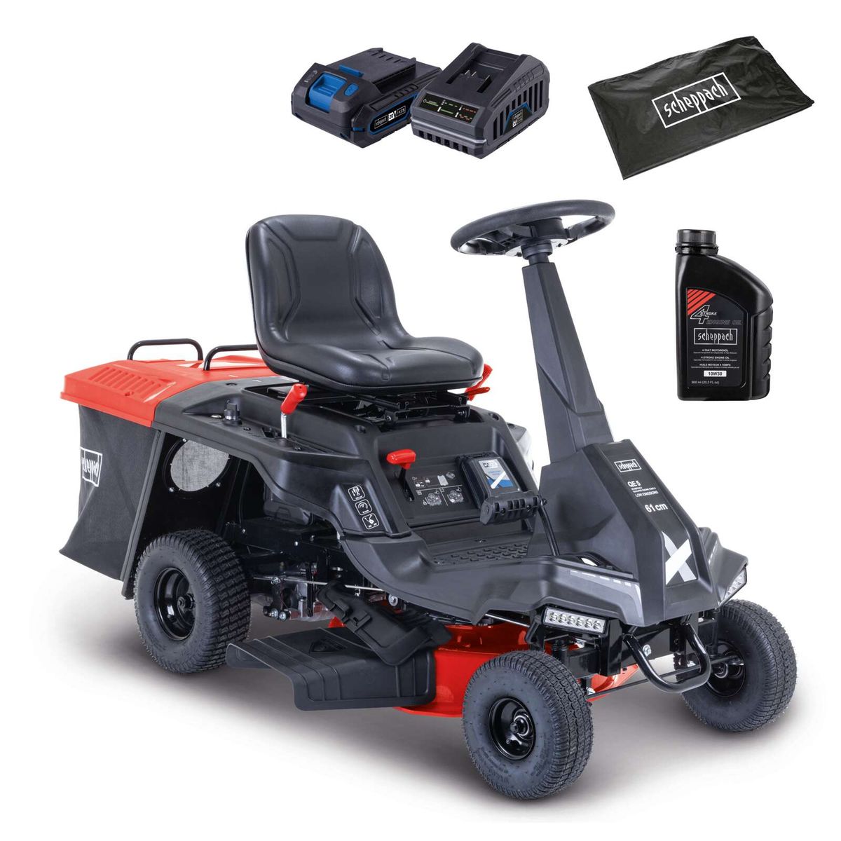 Der Benzin-Aufsitzrasenmäher MR235-61 von Scheppach mit 6,0 PS, 61 cm Schnittbreite, 150 L Korbfassungsvermögen, LED-Leuchte, E-Start und 4 Vorwärtsgängen. Inklusive Öl und Abdeckhaube.