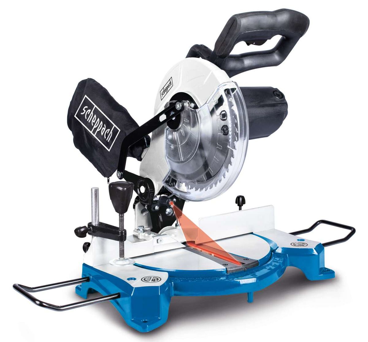 Kapp- und Gehrungssäge HM80L Scheppach, seitliche Ansicht. Die Säge hat einen transparenten Schutz und einen schwarzen Handgriff.