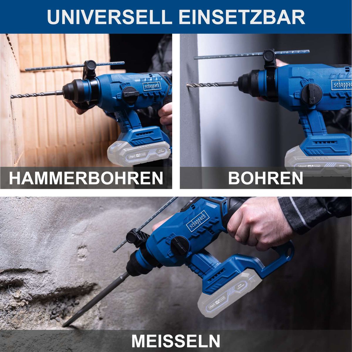 Scheppach Akku-Bohrhammer mit Hammerbohrfunktion und Bohrmodus – universeller Akkbohrhammer für präzises Bohren und Meißeln
