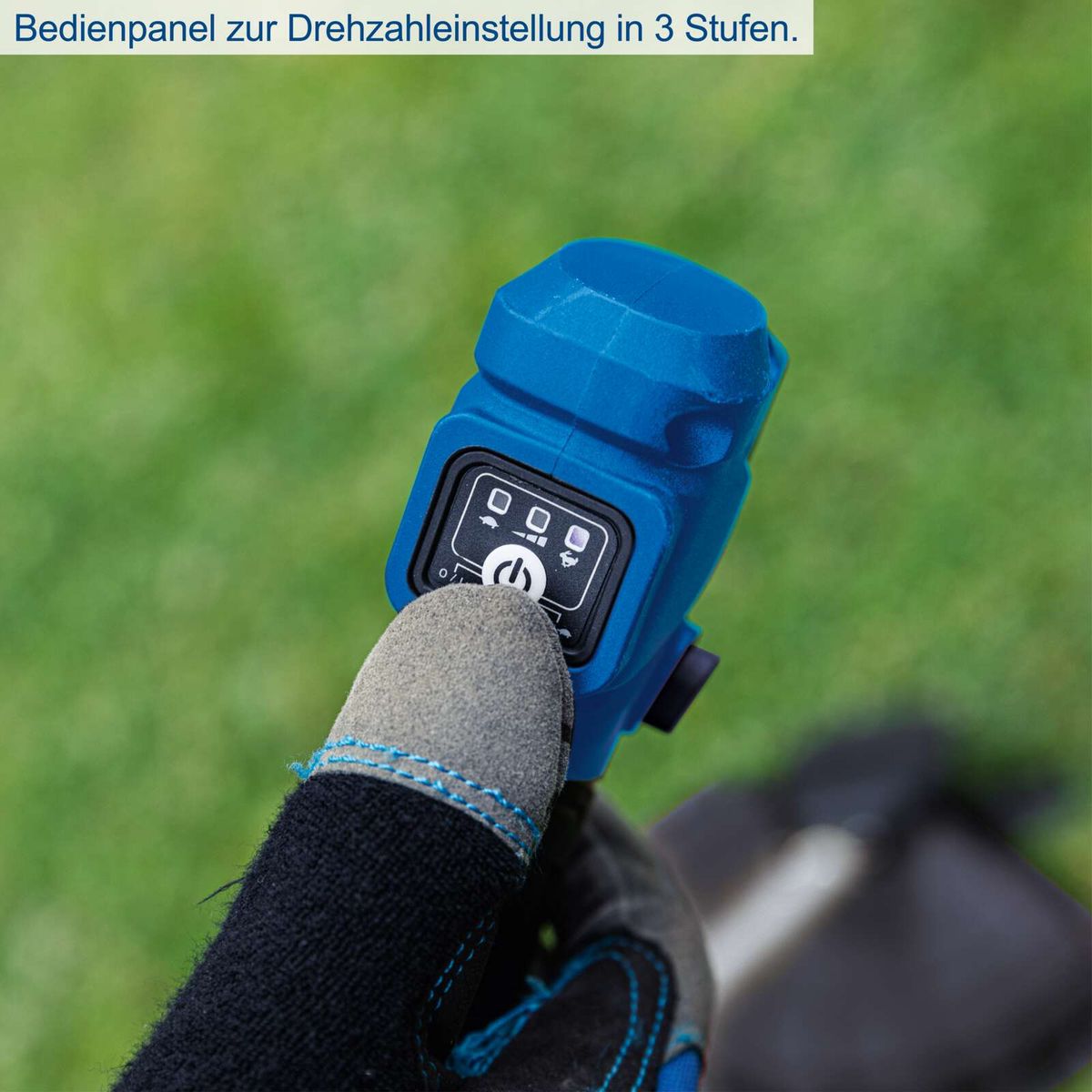 Das Bedienpanel des Akku-Freischneiders BC-BCH330 ermöglicht die Drehzahleinstellung in 3 Stufen. Es verfügt über eine Anzeige für den Akkustand und eine Taste zum Starten und Stoppen des Geräts.