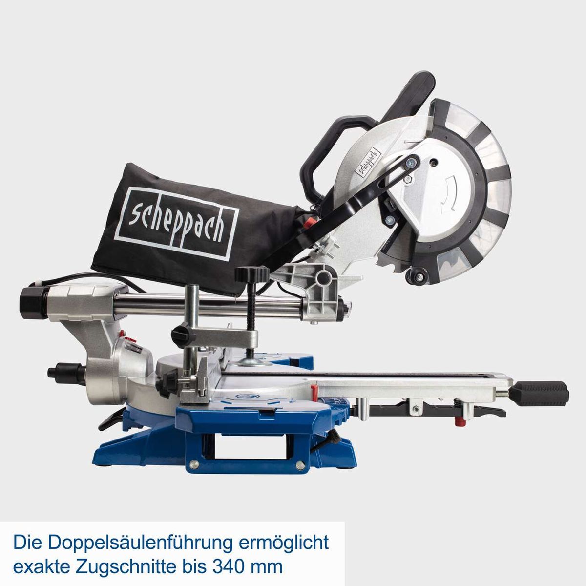 Die Kappzugsäge HM216SPX von Scheppach bietet präzise Zugschnitte bis 340 mm dank Doppelsäulenführung.
