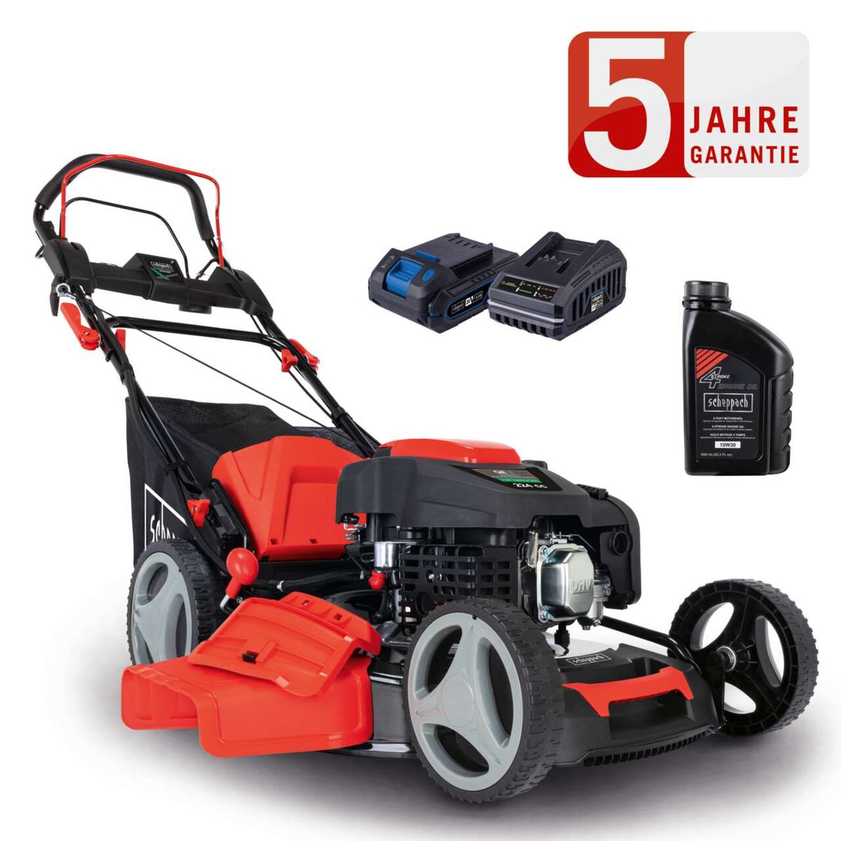 Benzin-Rasenmäher MS225-53E mit 5-Jahre-Garantie, inklusive Batterieladegerät und Scheppach 2T-Motorenöl 500ml.