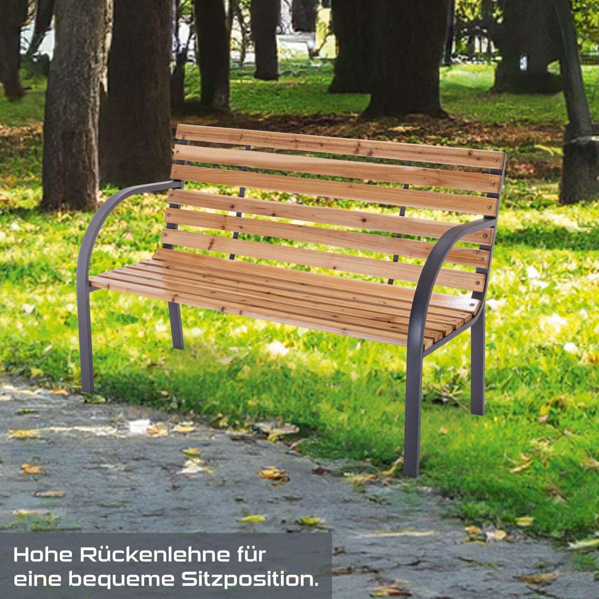 Ergonomische Gartenbank mit hoher Rückenlehne für bequeme Sitzposition im Freien