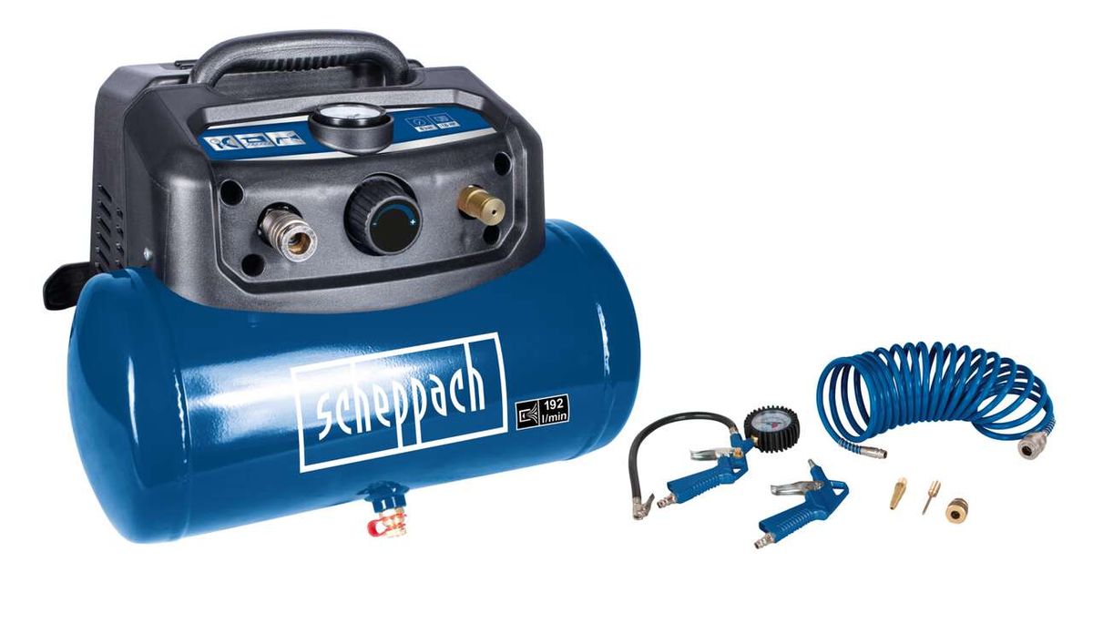 Scheppach Kompressor HC06 mit Zubehör. Gezeigt von der Frontseite.