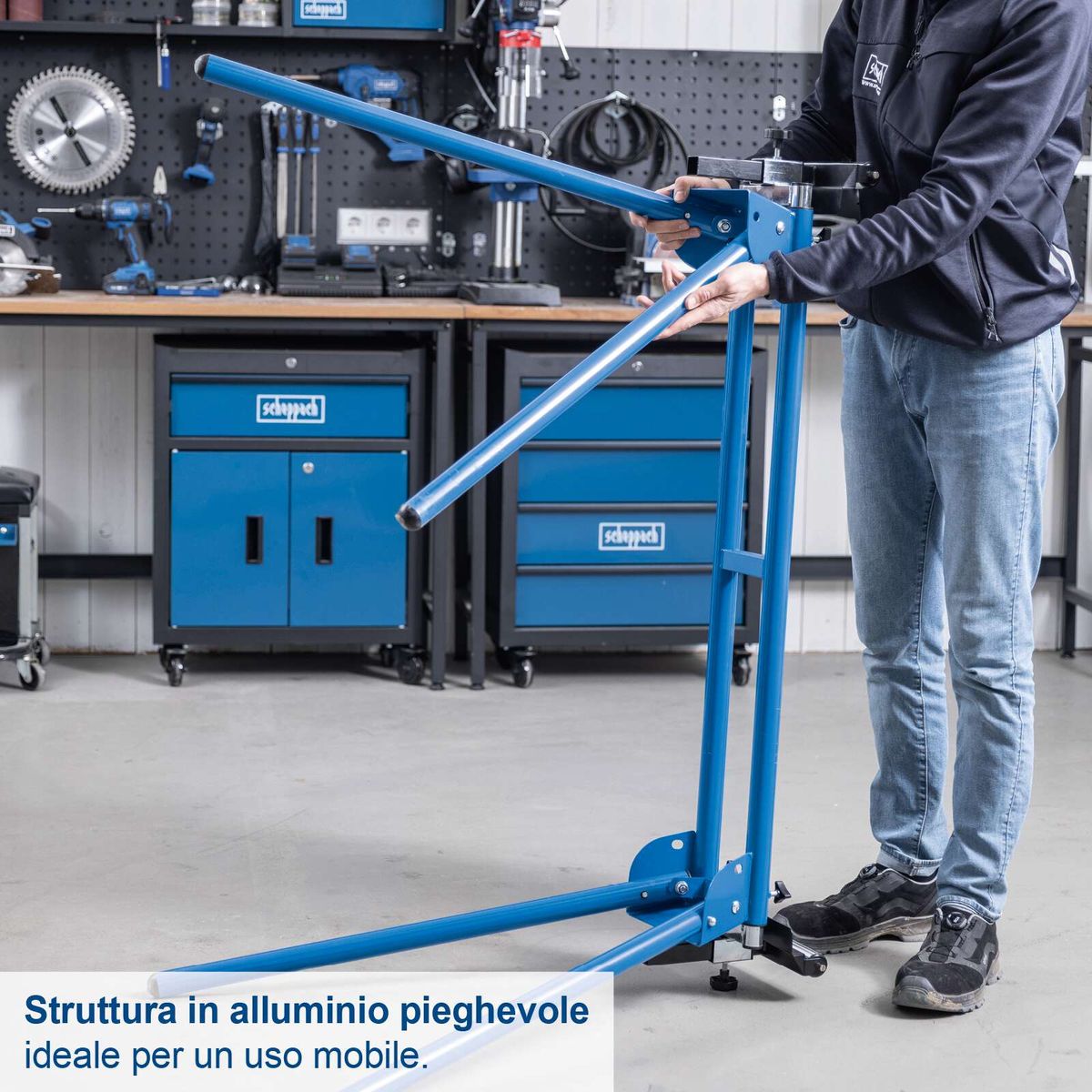 Das Untergestell UMF1600 von Scheppach hat eine Struktur aus faltbarem Aluminium, ideal für mobilen Einsatz. Maximale Traglast: 200 kg, Länge: 1000-1650 mm, Höhe: 740 mm.