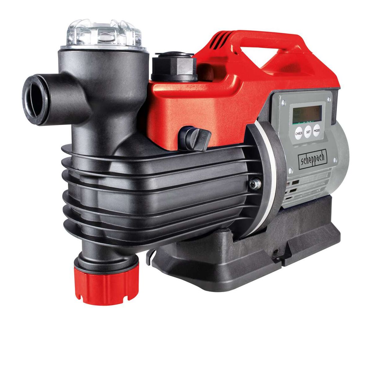 Hauswasserautomat GP1000 Jet LCD von Scheppach, Ansicht von der Seite. Der Hauswasserautomat ist ein Automatiksystem mit 1000W Leistung, 4400l/h Fördermenge und 5bar Förderdruck.