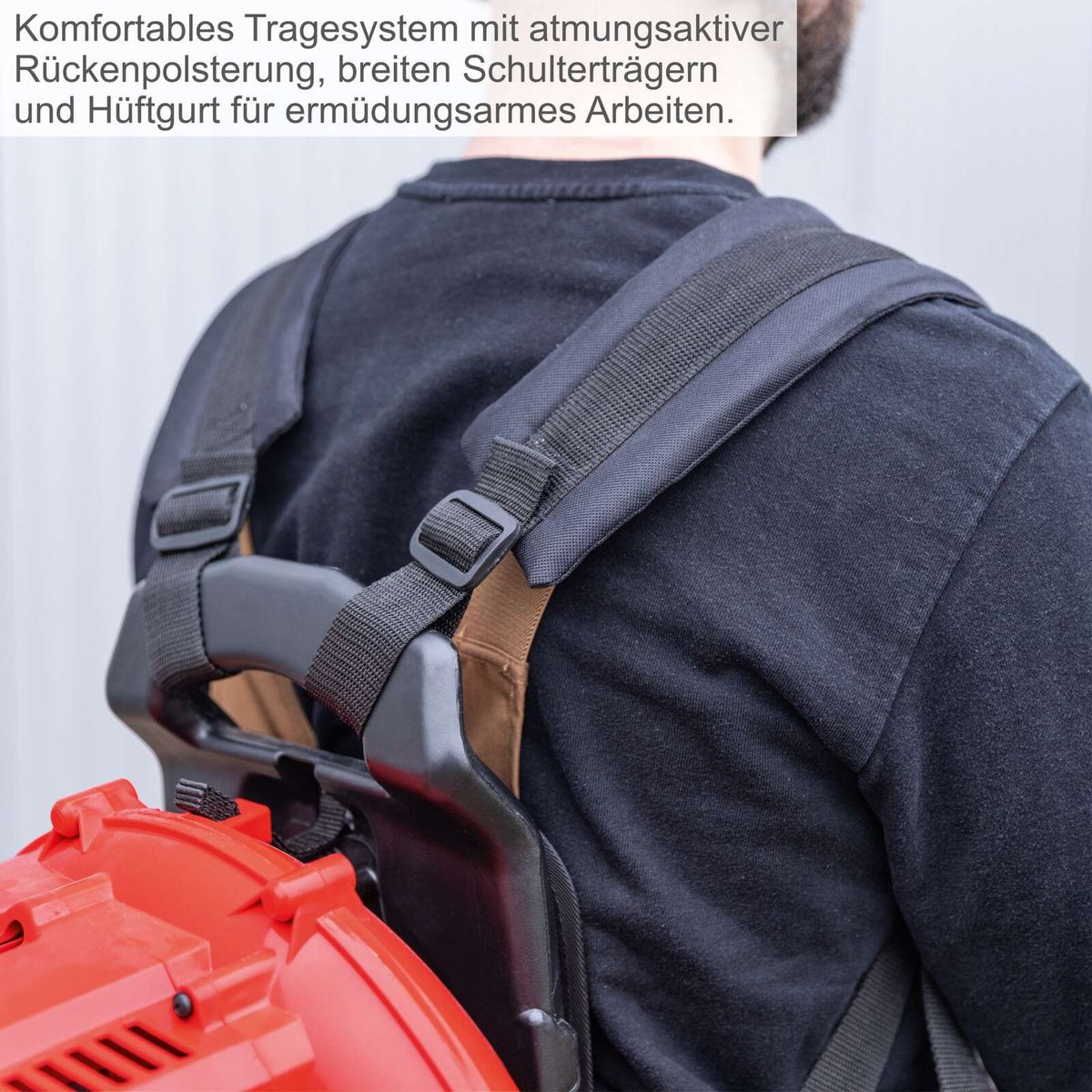 Komfortables Tragesystem mit atmungsaktiver Rückenpolsterung, breiten Schulterträgern und Hüftgurt für ermüdungsarmes Arbeiten.