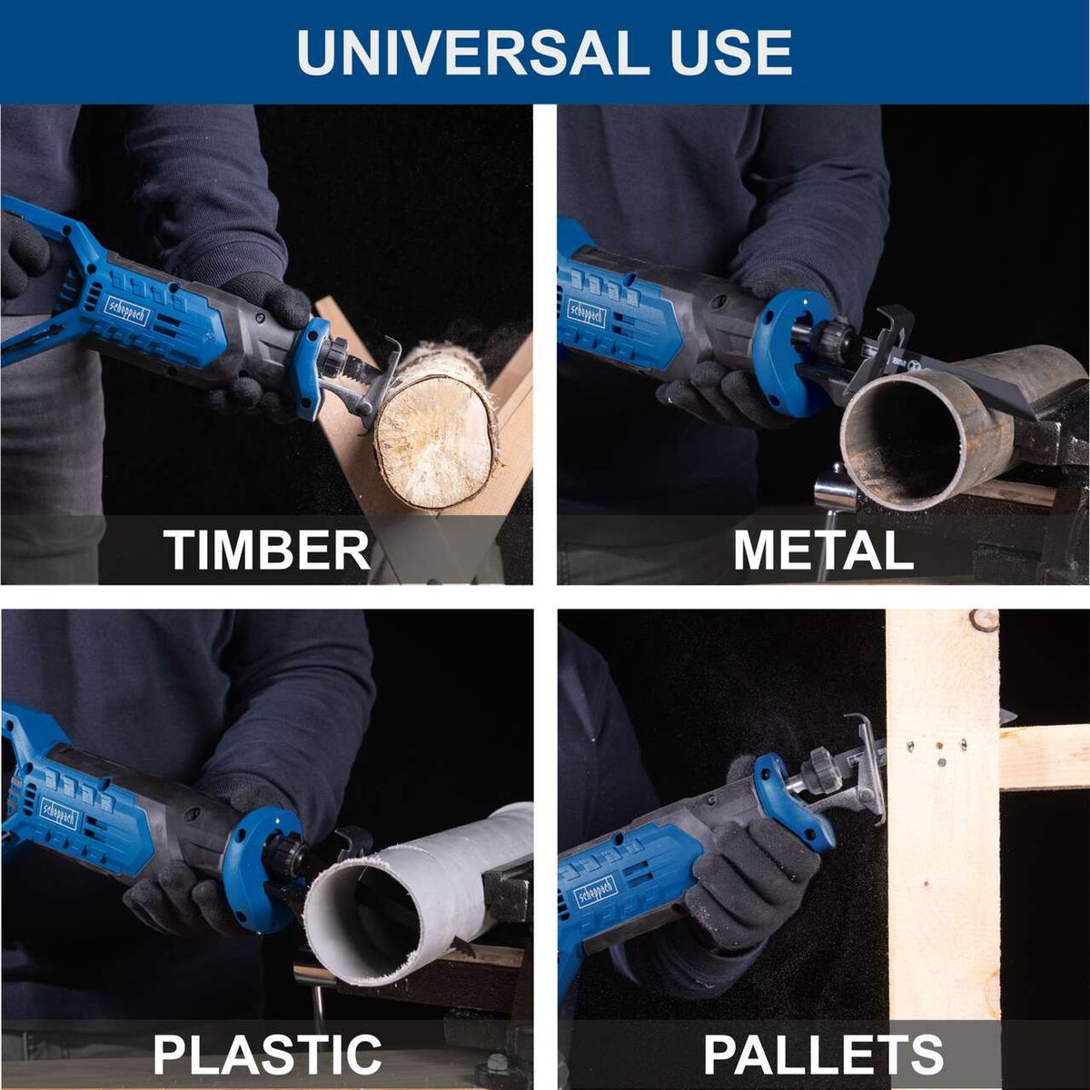 Cordless reciprocating saw for versatile use on timber, metal, plastic, and pallets