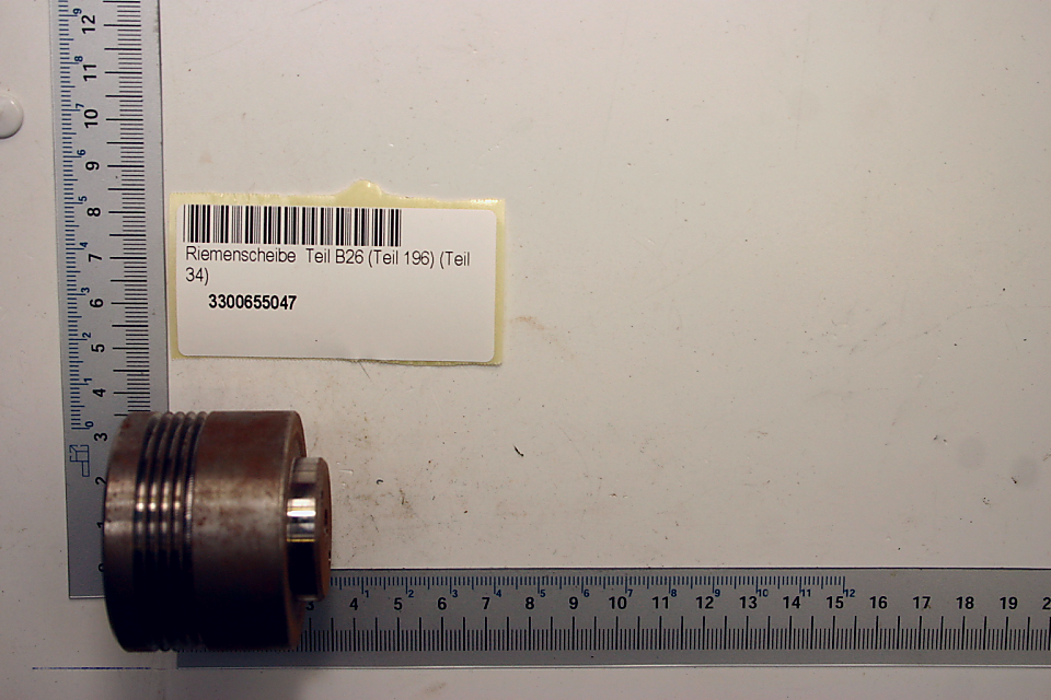 Scheppach-Bauteil (Teil B26) mit Beschriftung und Barcode für Riemenscheibe
