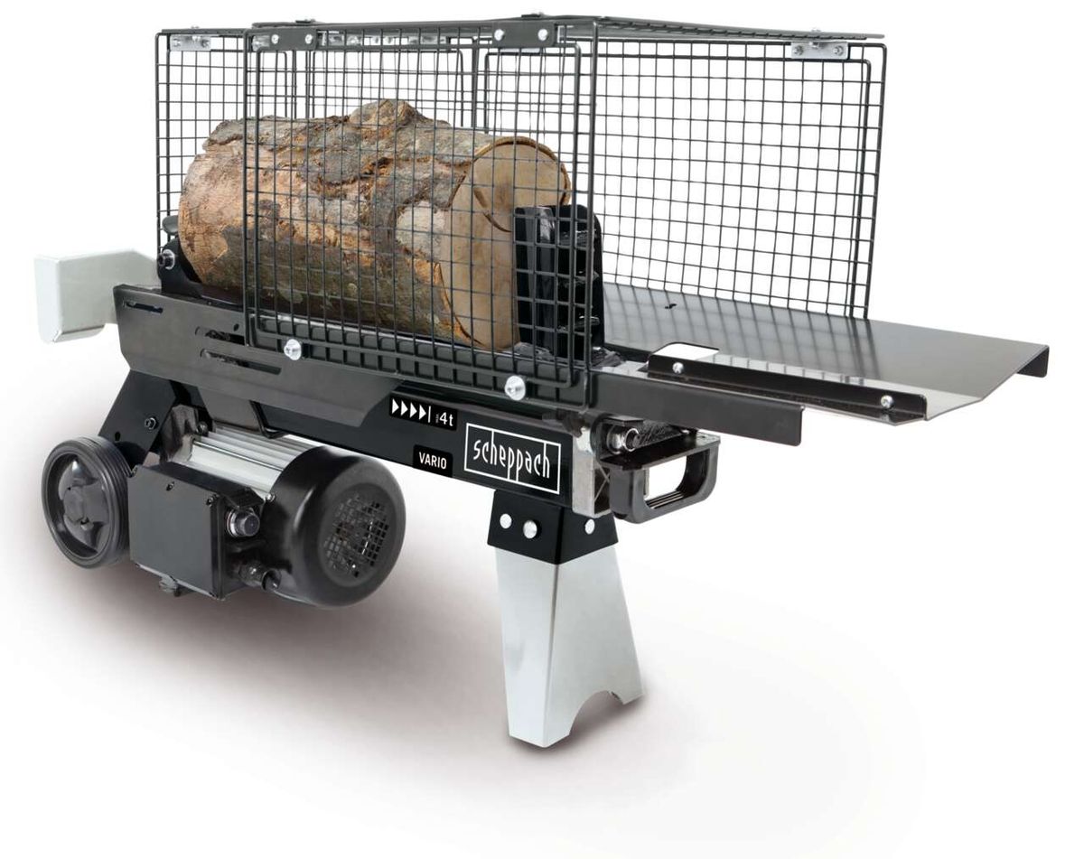 Holzspalter HL460 von Scheppach, seitliche Ansicht mit Holzklotz im Gitterkorb.