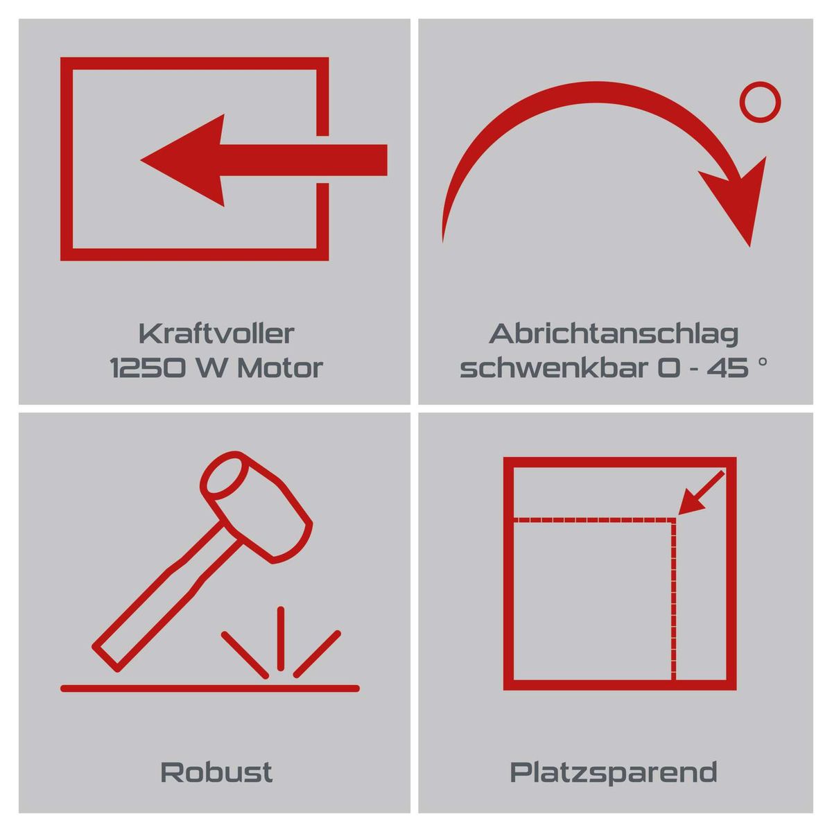 Werkzeugmerkmale: Kraftvoller 1250-Watt-Motor, flexibler Winkel von 0–45°, robuste Bauweise und platzsparende Konstruktion für Abricht- und Dickenhobel.