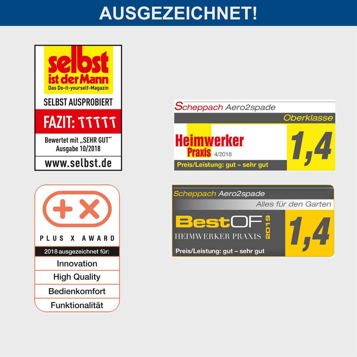 Der Scheppach Aero² Spade erhielt mehrere Auszeichnungen für Innovation, hohe Qualität, Bedienkomfort und Funktionalität. Bewertungen loben das Preis-Leistungs-Verhältnis als gut bis sehr gut.