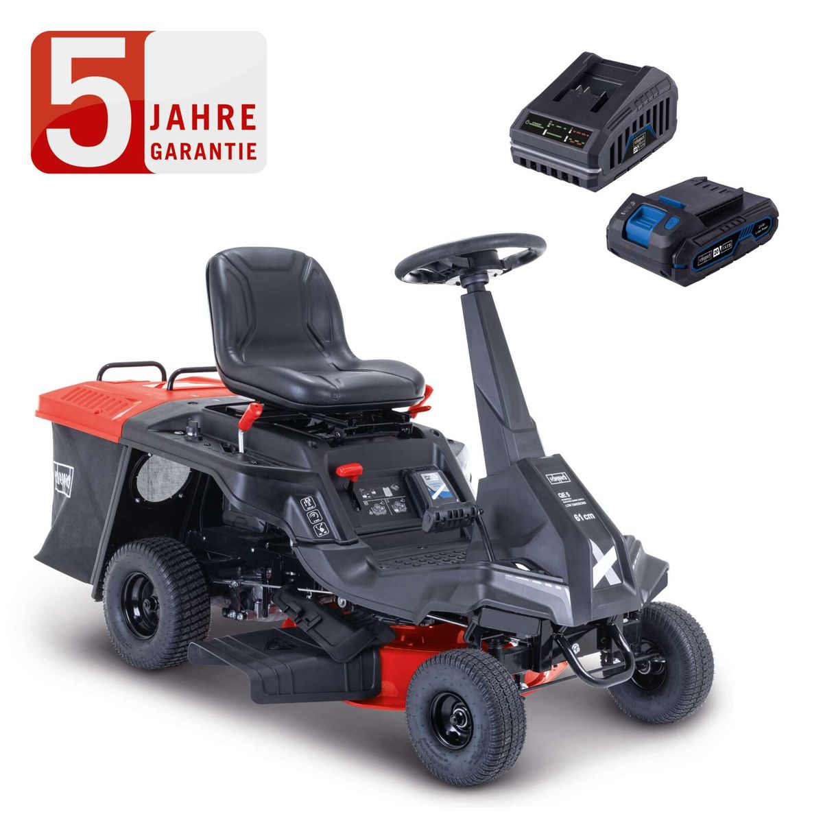 Benzin-Aufsitzrasenmäher MR200-61 mit 5 Jahren Garantie, 4,8 PS, 61 cm Schnittbreite, 150L Fangsack, 2600m² Rasenfläche. Gezeigt von der Seite.