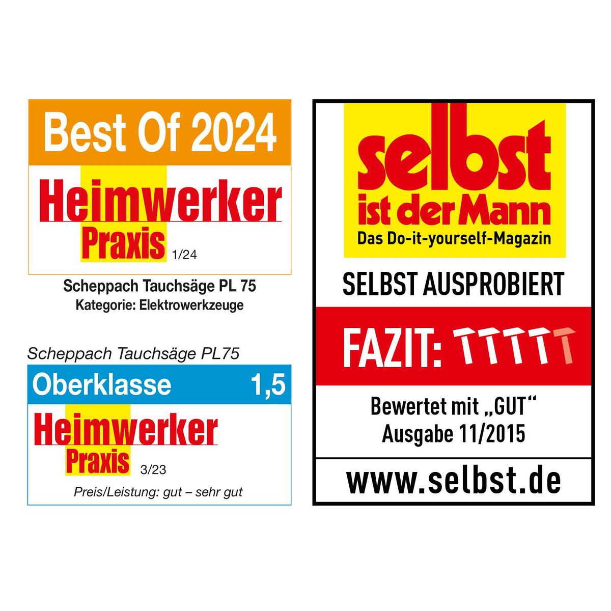 Die Scheppach Tauchsäge PL75 wurde von Heimwerker Praxis als 'Oberklasse' mit der Note 1,5 bewertet. Das Magazin 'selbst' bewertete sie mit 'GUT' in Ausgabe 11/2015. Preis/Leistung: gut – sehr gut.