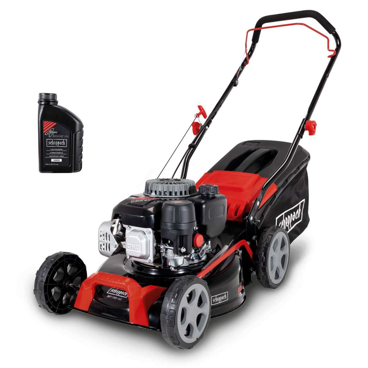 Benzin Rasenmäher MP135-42 Scheppach mit 3 PS, 42 cm Schnittbreite, 55 Liter Fangkorb, inkl. Motoröl. Gezeigt von der Seite.