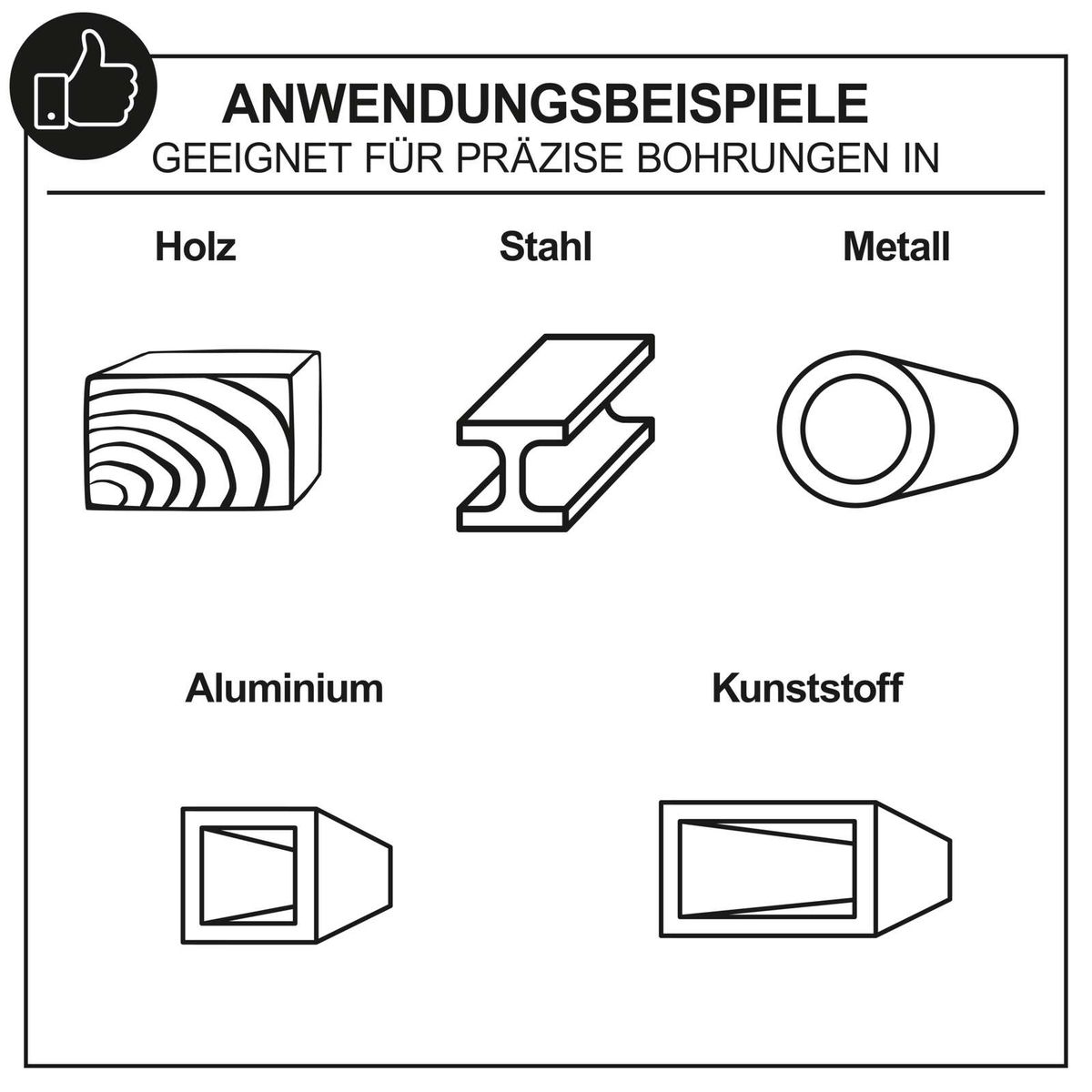 Anwendungsbeispiele für präzise Bohrungen in Holz, Stahl, Metall, Aluminium und Kunststoff. Geeignet für verschiedene Materialien mit spezifischen Bohrerformen.