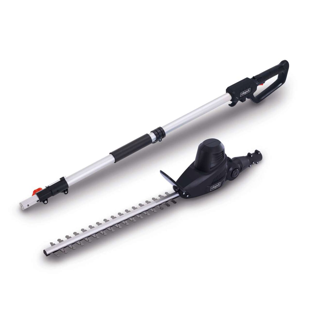 Elektro Teleskop Heckenschere ETHT500 Scheppach mit 450mm Schnittlänge und ausziehbar bis 2750mm. Betrieb mit 230V. Gezeigt wird die Heckenschere von der Seite.